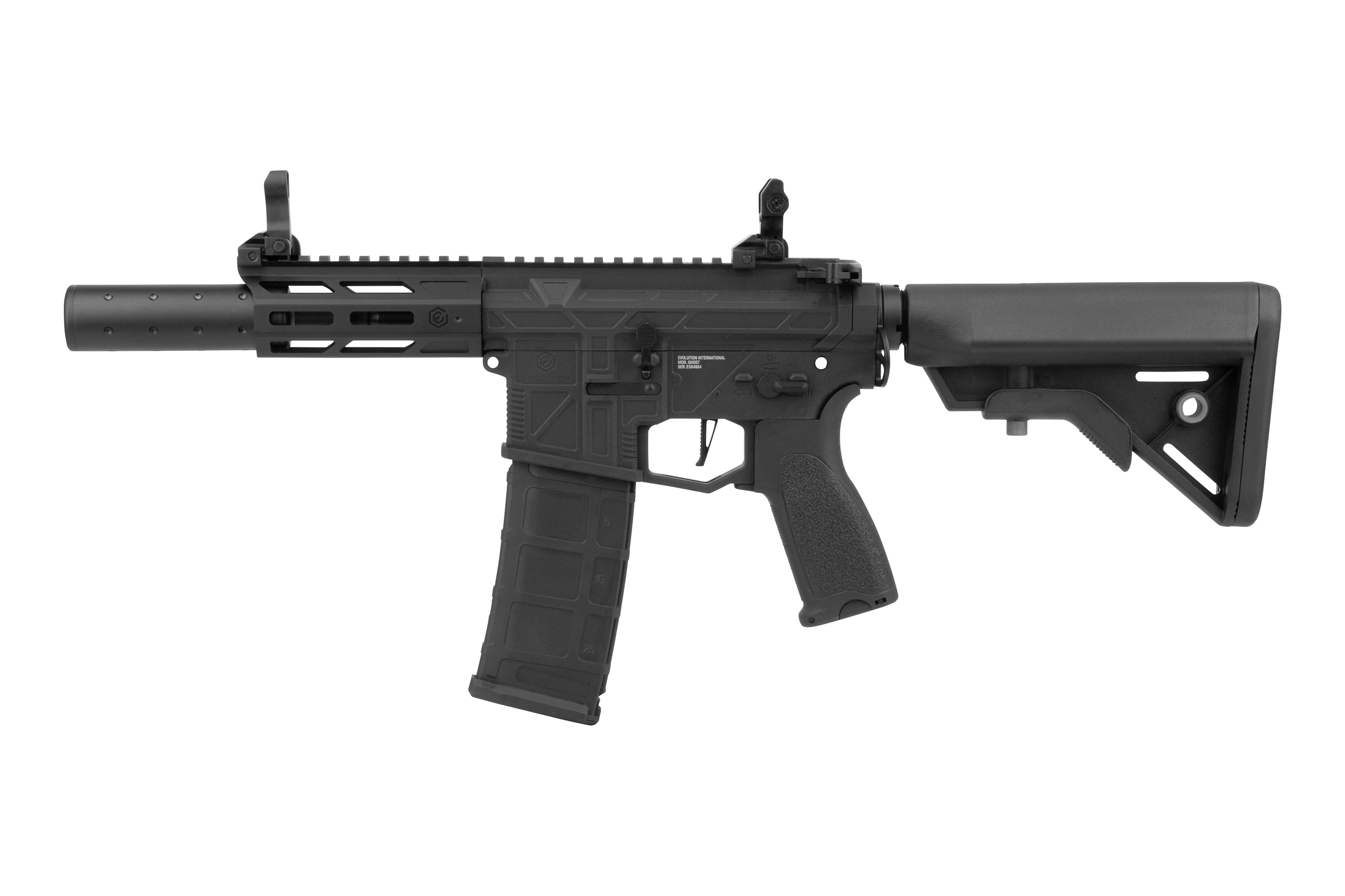Black Evolution International Airsoft-Gewehr mit verstellbarem Schaft, taktischem Schienensystem und Schalldämpfer auf weißem Hintergrund.