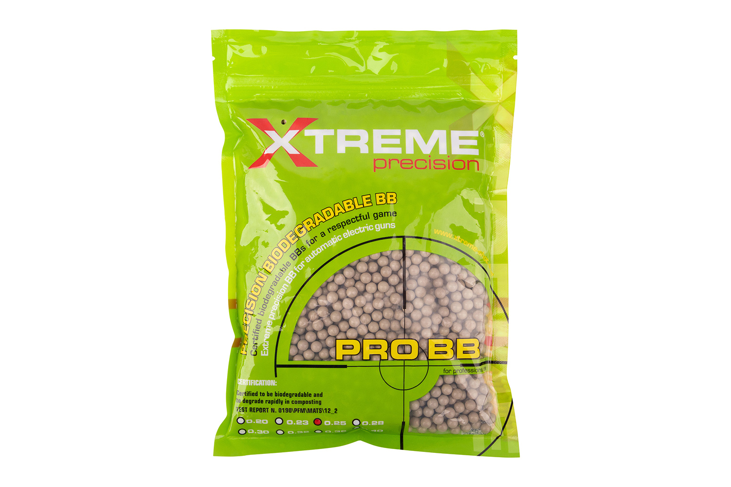 Biologisch abbaubare Xtreme Precision BBs im grünen Beutel, ideal für Airsoft- und Elektropistolen.