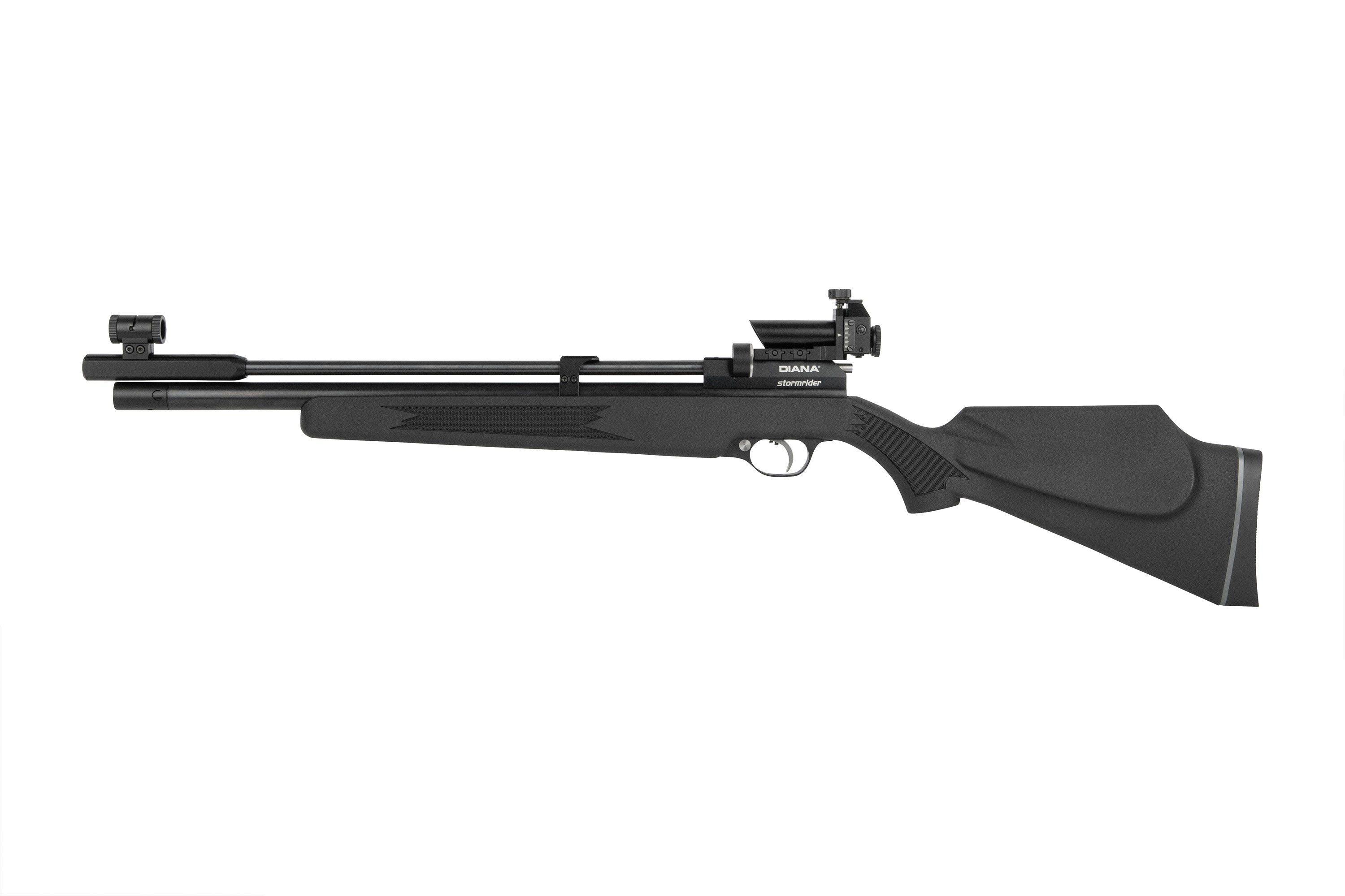 Schwarzes Synthetik-Luftgewehr Diana Stormrider mit montierter Optik, seitlicher Hebelwirkung und kariertem Griff auf weißem Hintergrund.