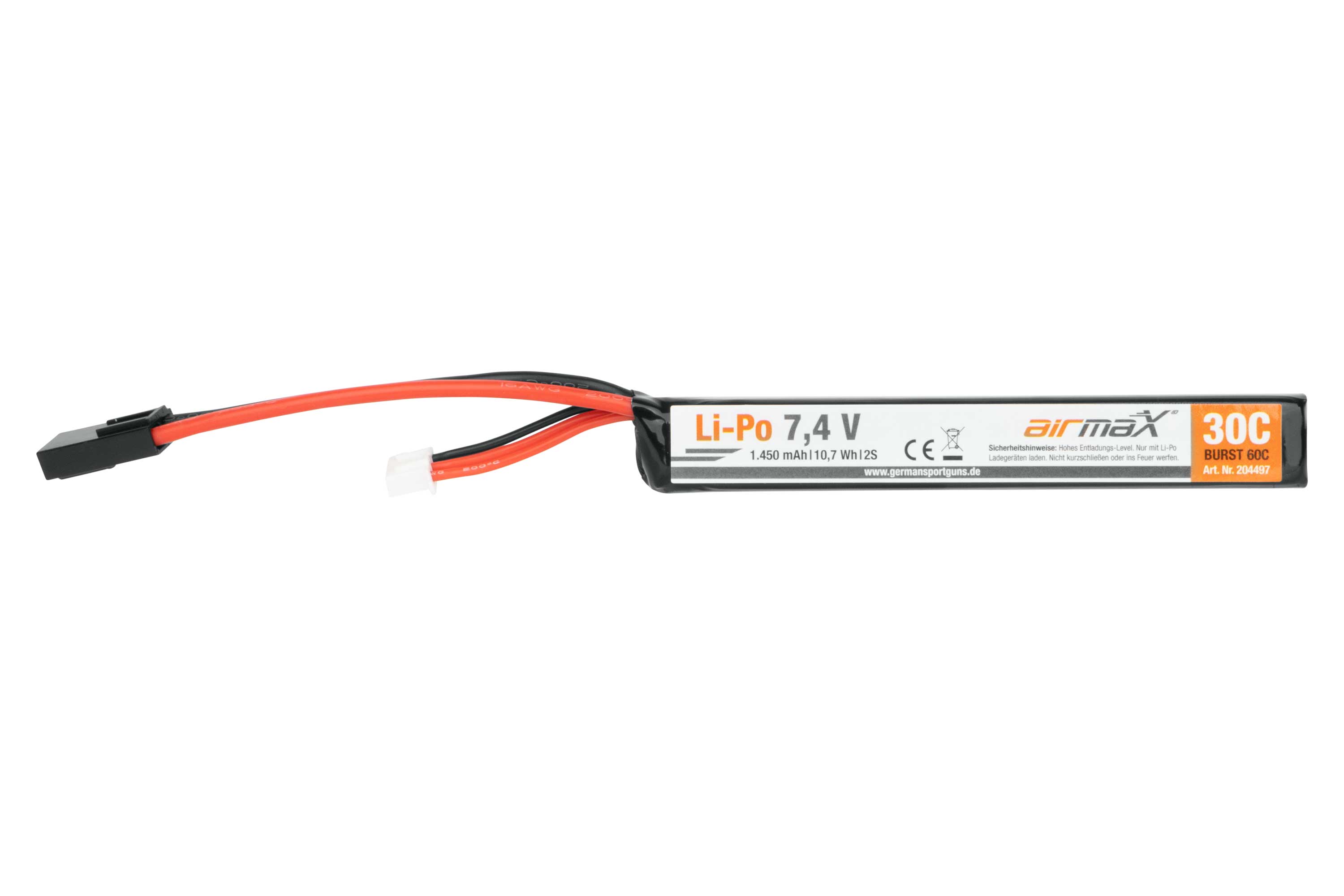 Airmax 7,4 V 1450 mAh Li-Po-Akku für Airsoft-Waffen mit 30 °C Entladerate und schwarzem Gehäuse, isoliert auf weißem Hintergrund.