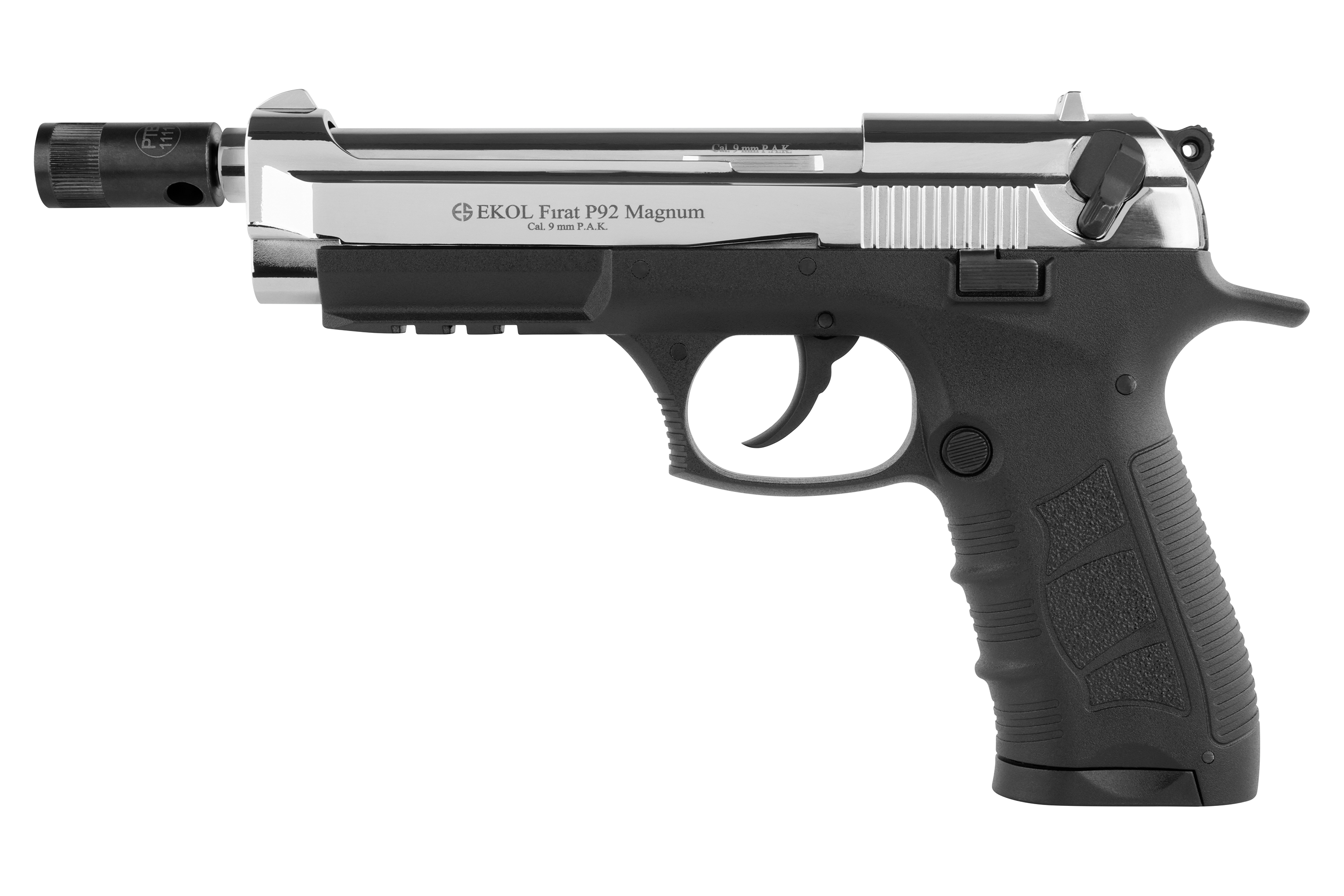 EKOL Firat P92 Magnum Luftpistole mit schwarzem Griff und silbernem Finish, konzipiert für Schusswaffenliebhaber.