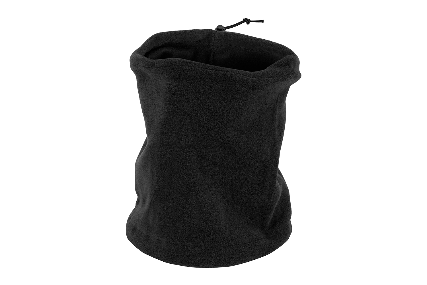 Schwarzer Fleece-Halswärmer mit verstellbarem Kordelzug, ideal für Outdoor-Aktivitäten und Schutz vor Kälte.