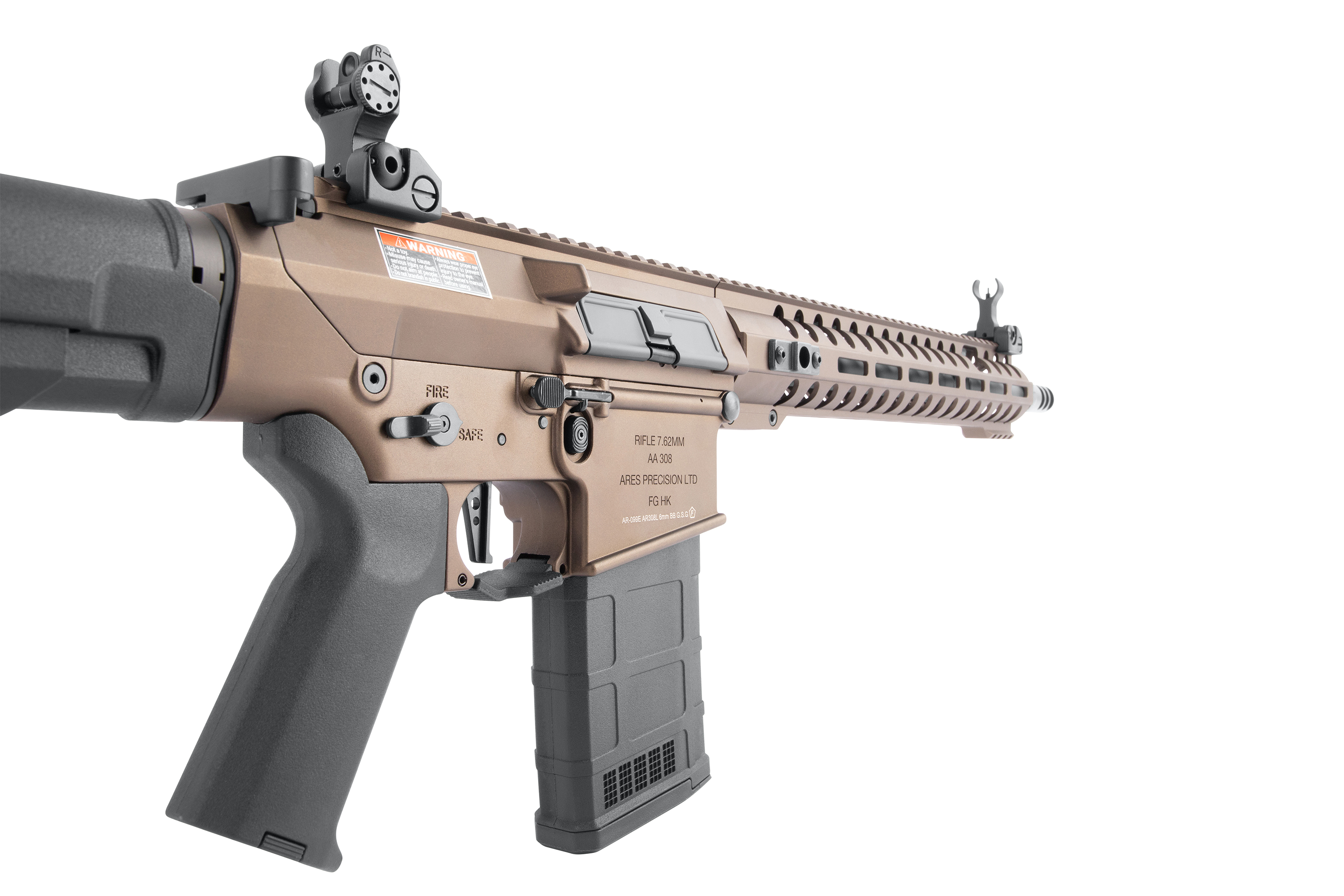 Ares Precision AA 308 Luftgewehr in hellbrauner Ausführung mit schwarzem Griff, Magazin und verstellbarem Eisenvisier für den Zielsport.