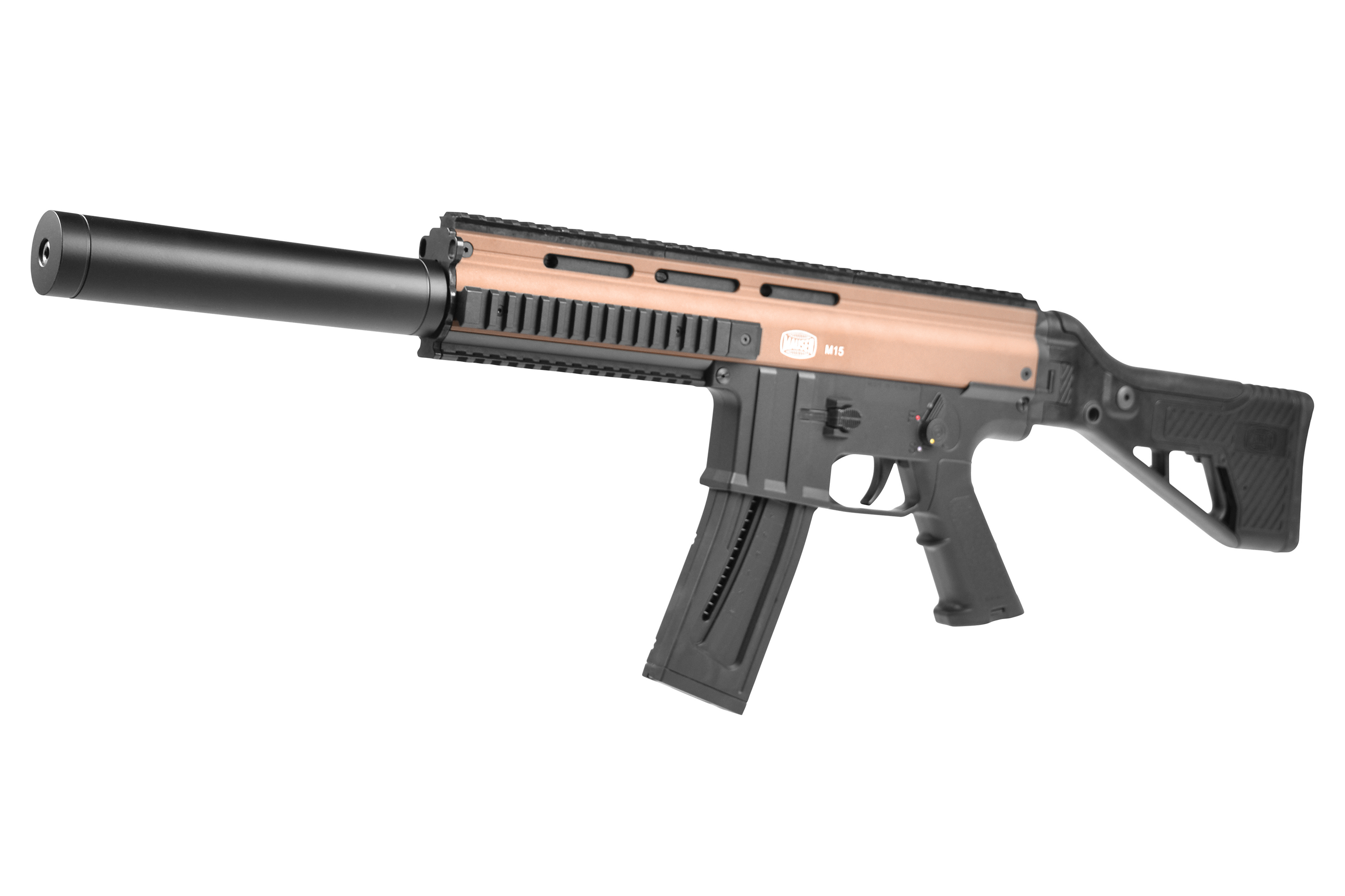 M15-Luftgewehr im schwarz-kupferfarbenen Design mit Schalldämpfer und taktischem Schienensystem.