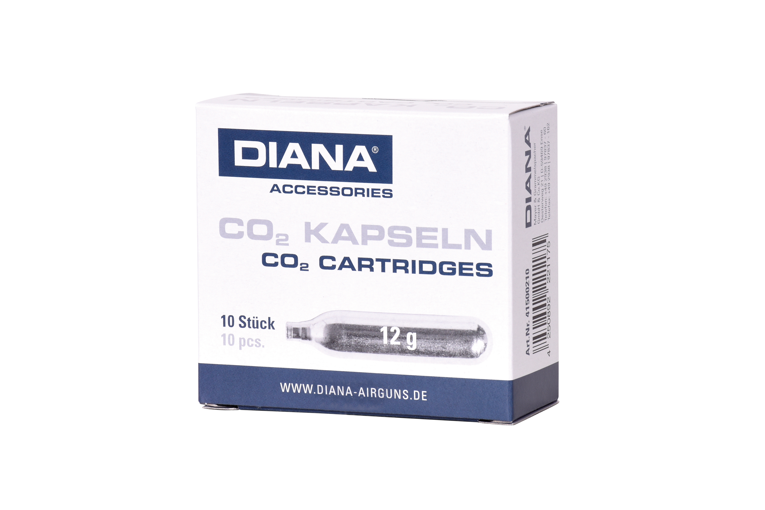 Weiße Schachtel mit 10 Diana 12g CO2-Patronen für Luftgewehre, mit blauem Branding und einer klaren Produktabbildung.