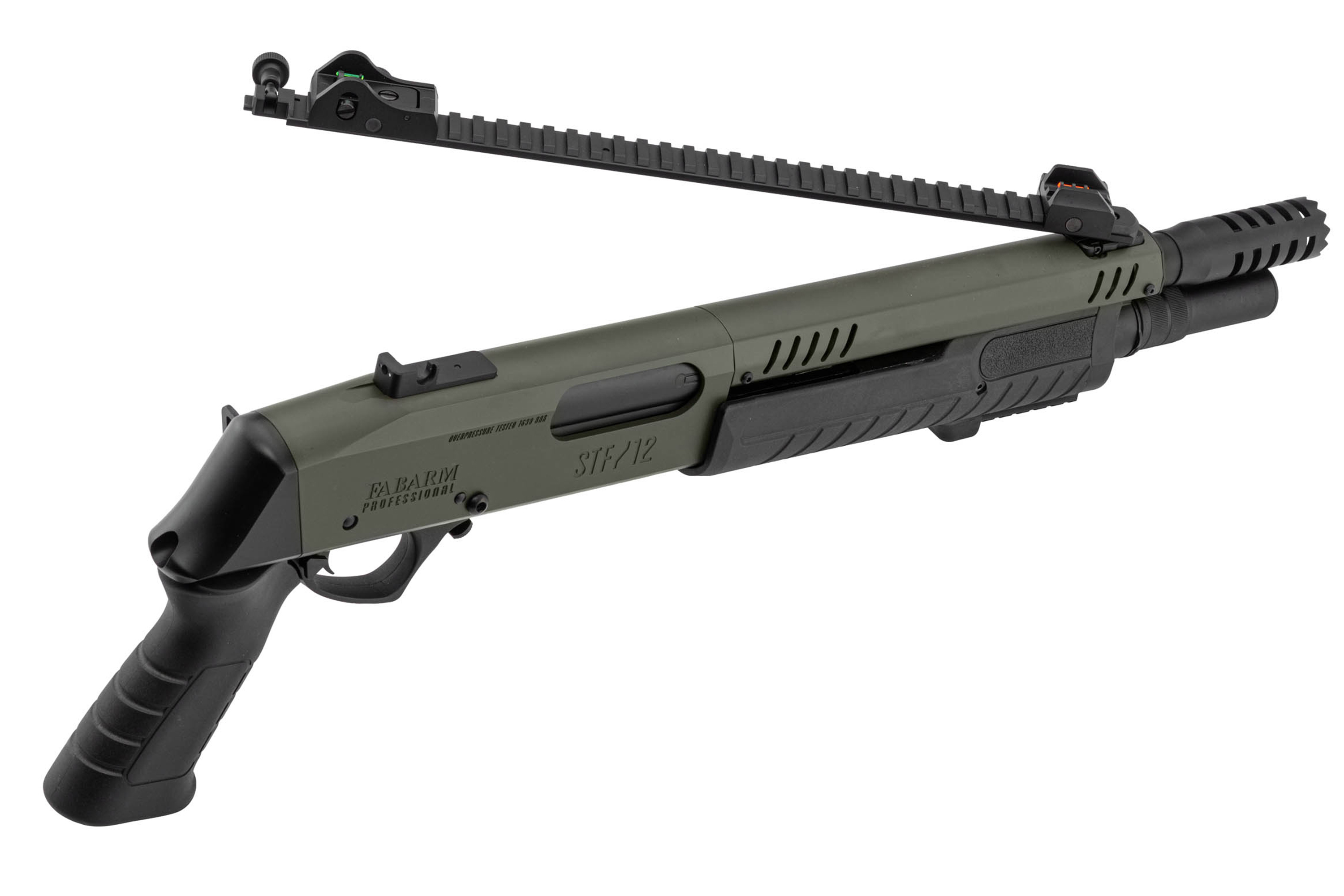 Fabarm STF/12 Luftflinte in Olivgrün mit schwarzem Pistolengriff, integriertem Schienensystem und taktischem Design.