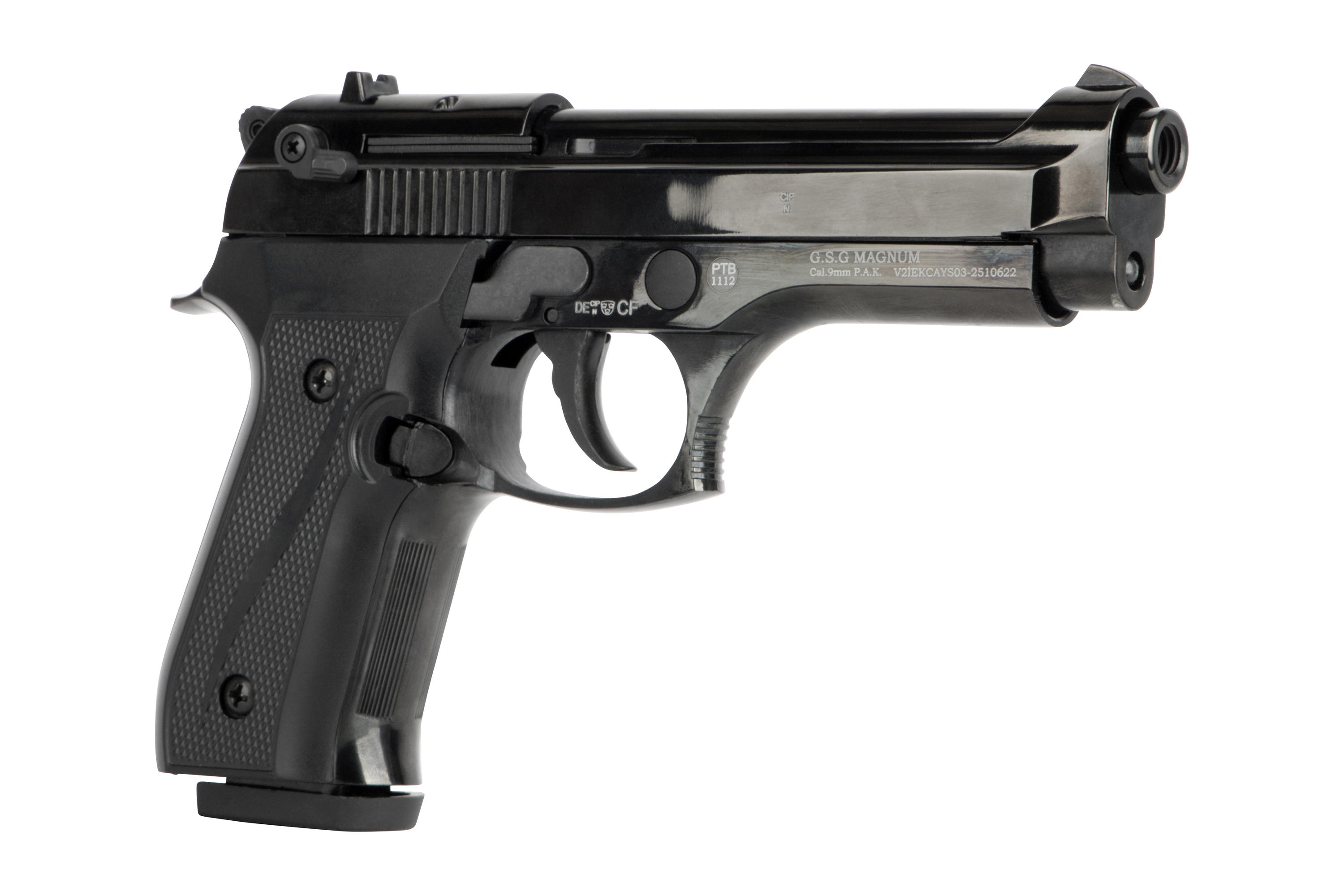 C.S.G. Magnum-Luftpistole in Schwarz mit strukturiertem Griff und schlankem Design für präzises Schießen.
