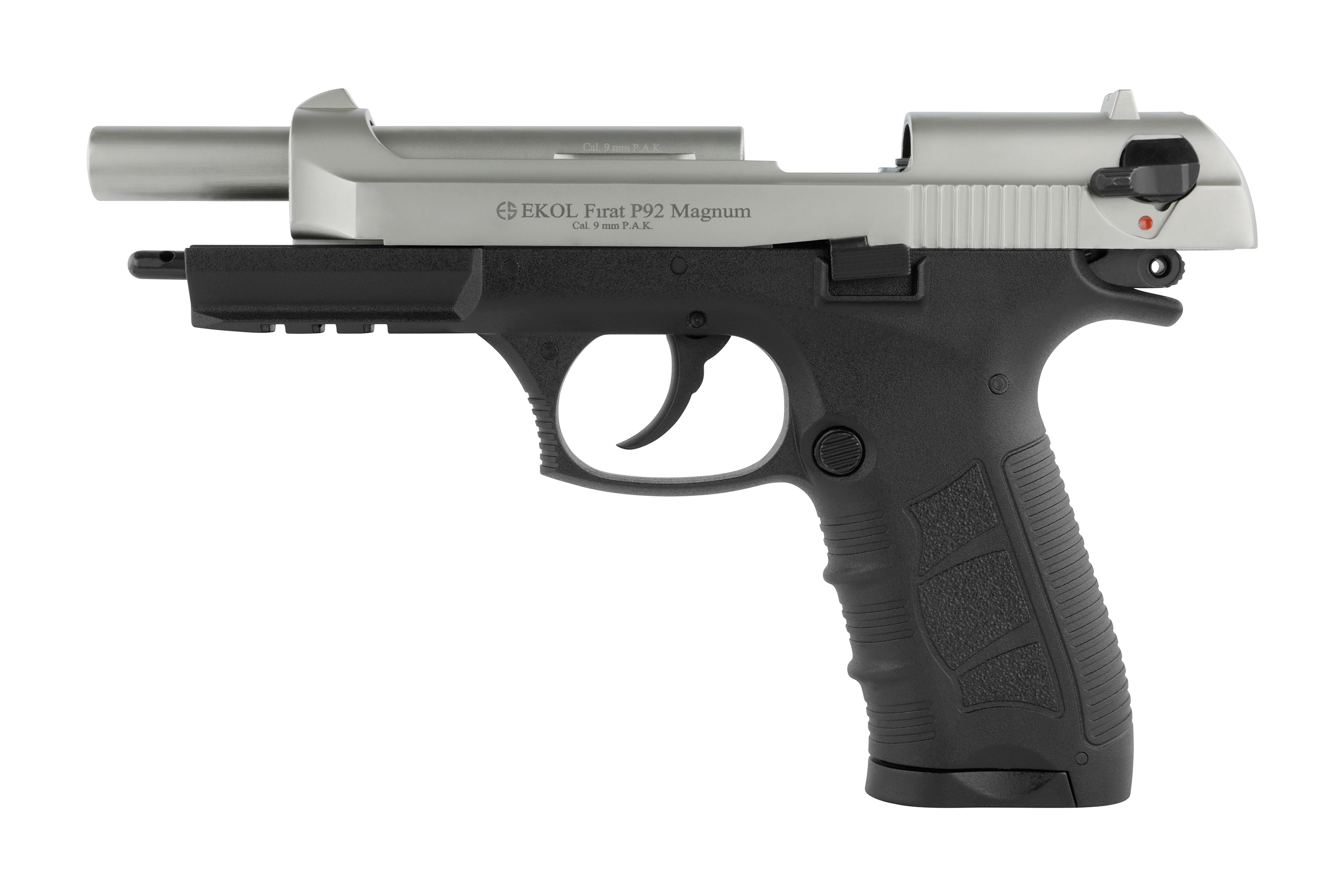 EKOL Firat P92 Magnum Luftpistole mit silbernem Schlitten und schwarzem Griff, konzipiert für Schusswaffenliebhaber.