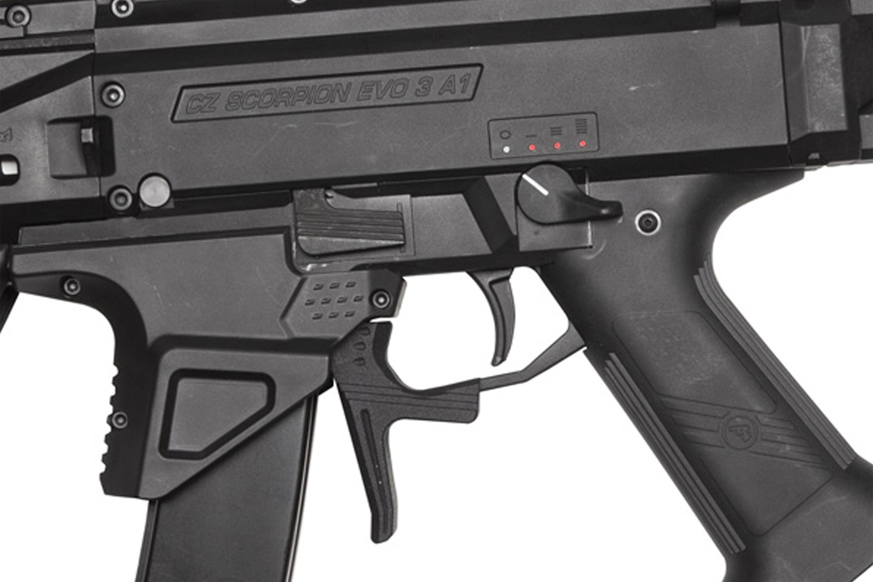 Nahaufnahme des schwarzen Polymergehäuses und der Abzugsbaugruppe eines Airsoft-Maschinenpistolenmodells CZ Scorpion EVO 3 A1.