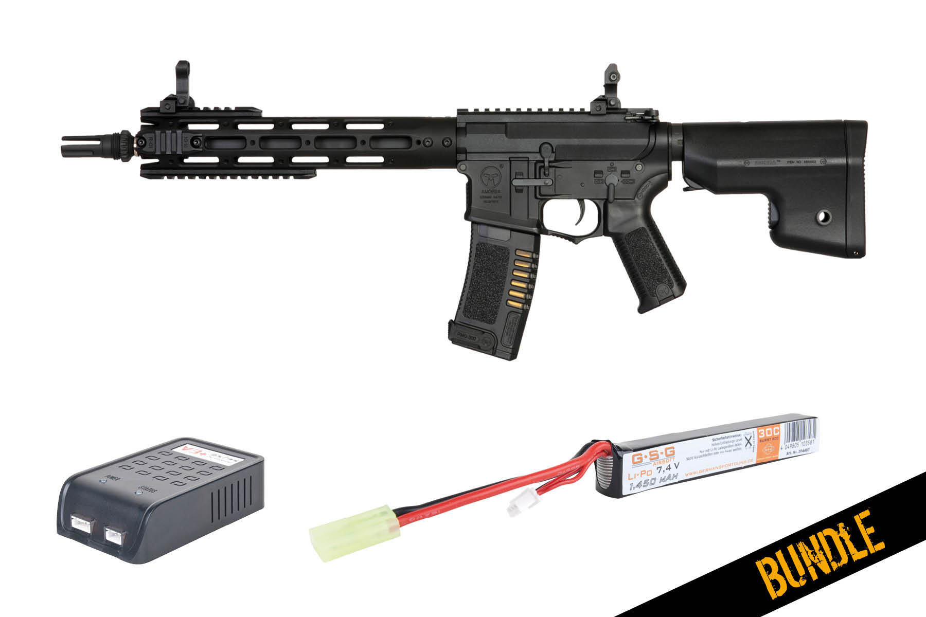 Ares Amoeba Airsoft-Gewehrpaket mit einem schwarzen Karabiner, einem 7,4-V-Li-Po-Akku und einem kompatiblen Ladegerät.