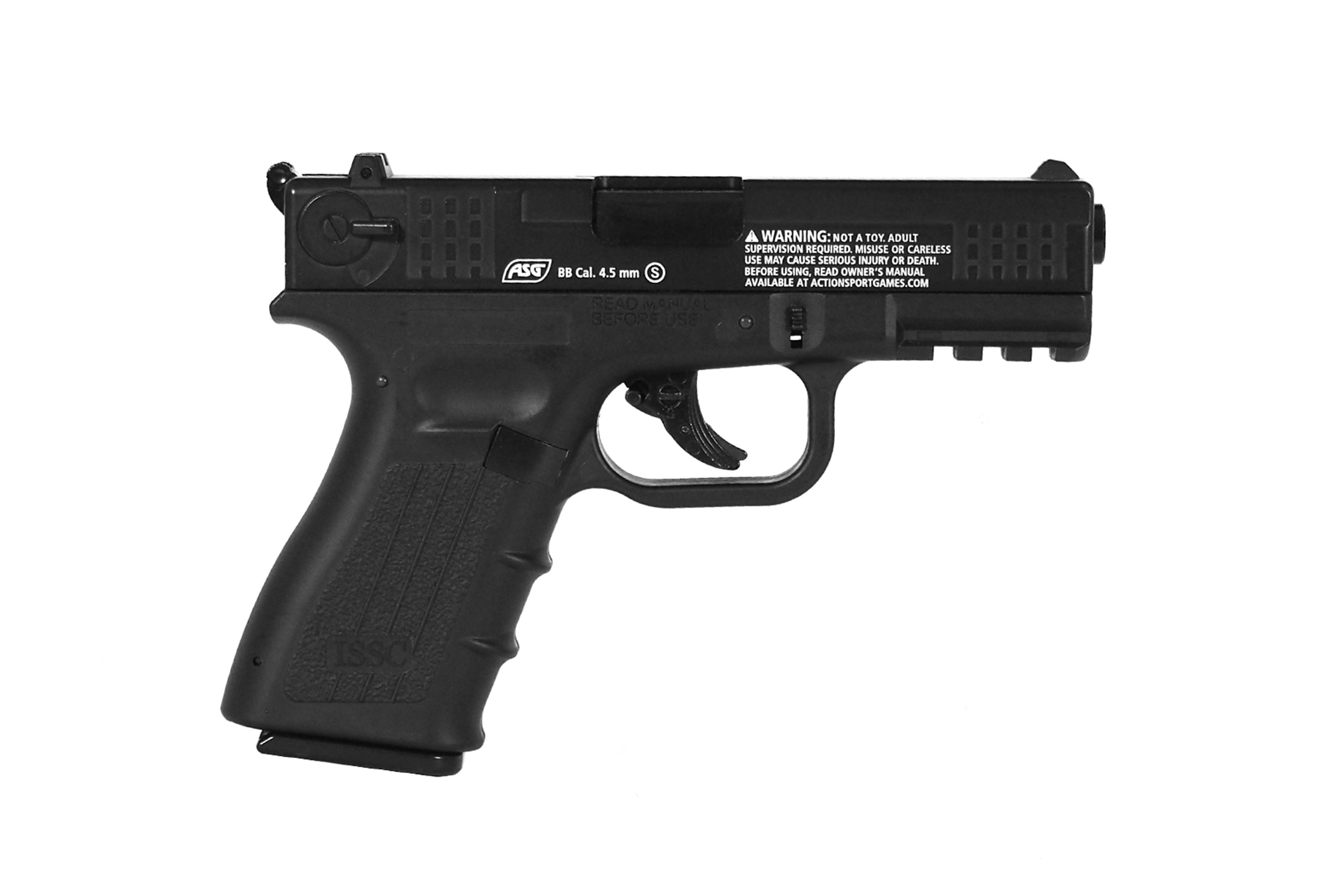 ASG-Luftpistole in Schwarz, Kaliber 4,5 mm BB, mit strukturiertem Griff und Sicherheitsmechanismus.