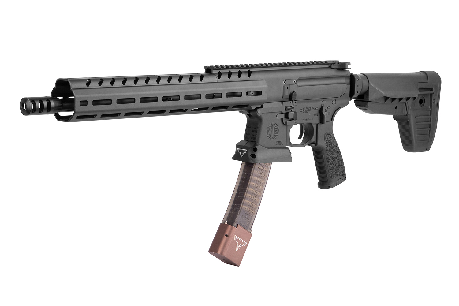 Schwarzes Sig Sauer MPX-Luftgewehr mit langem Handschutz, taktischem Schaft und verlängerter Magazinbasis von Taran Tactical.