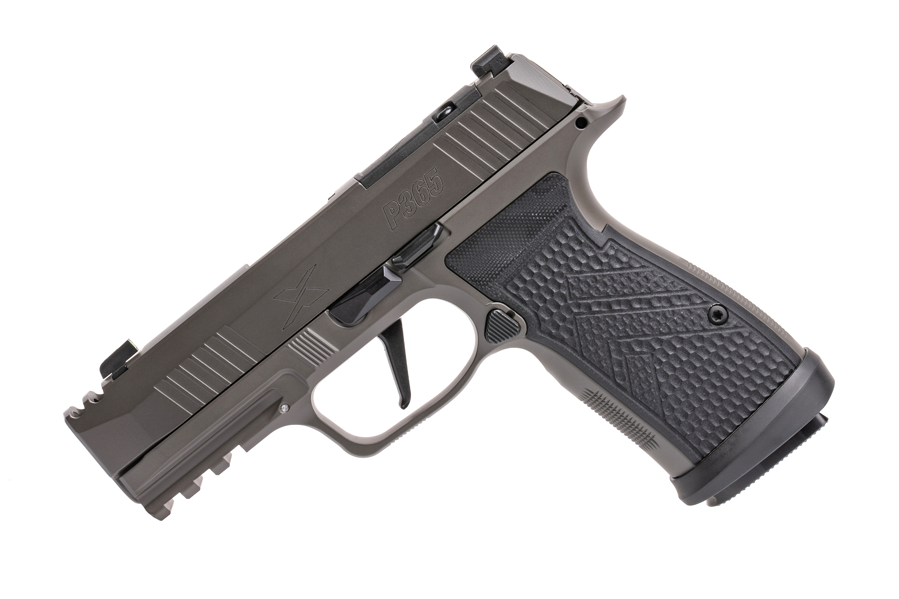 Sig Sauer P365 Luftpistole in Grau mit strukturiertem Griff und taktischer Schiene für Zubehör.