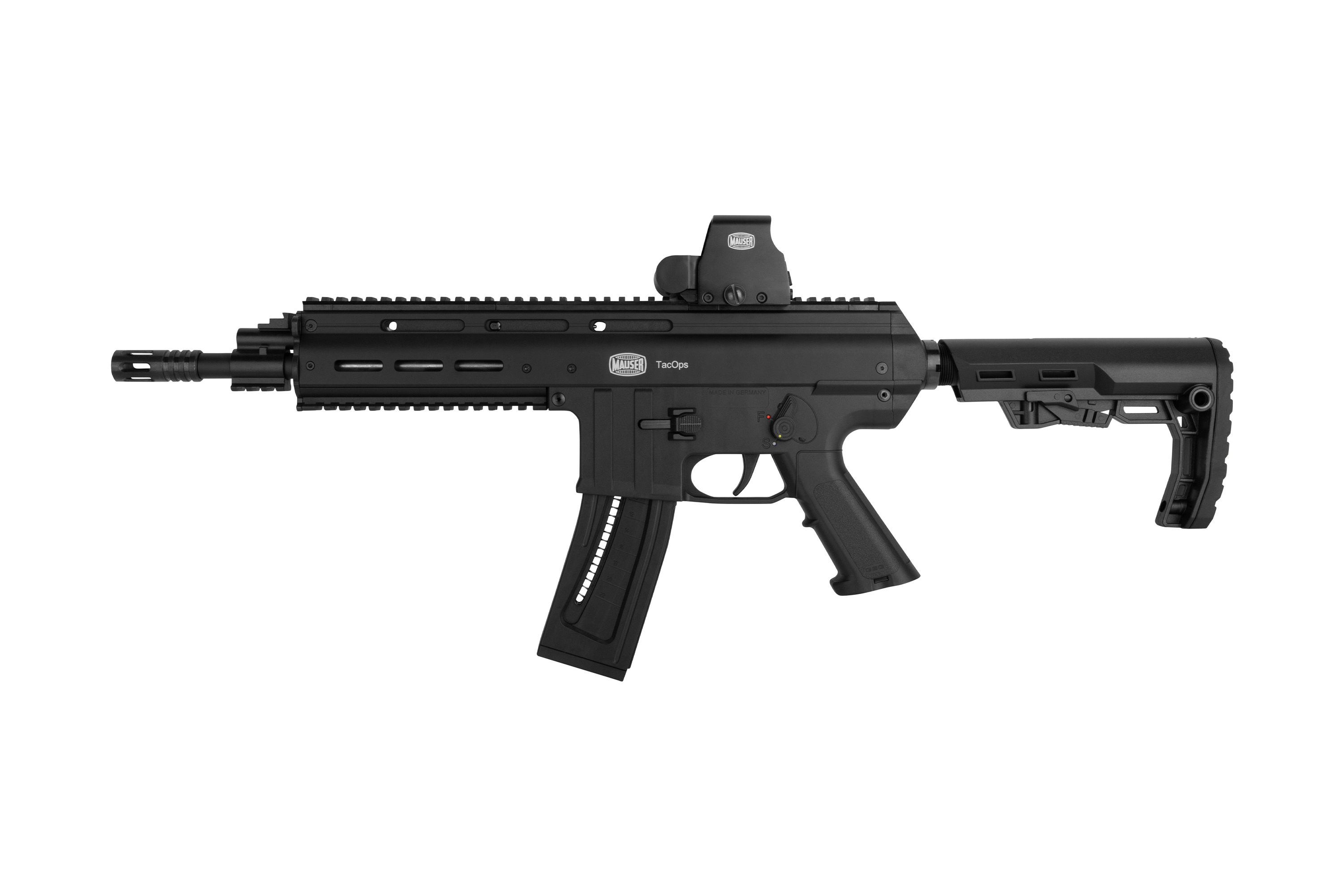 Mauser Tac Ops Luftgewehr in Schwarz mit taktischen Funktionen und verstellbarem Schaft für präzises Schießen.