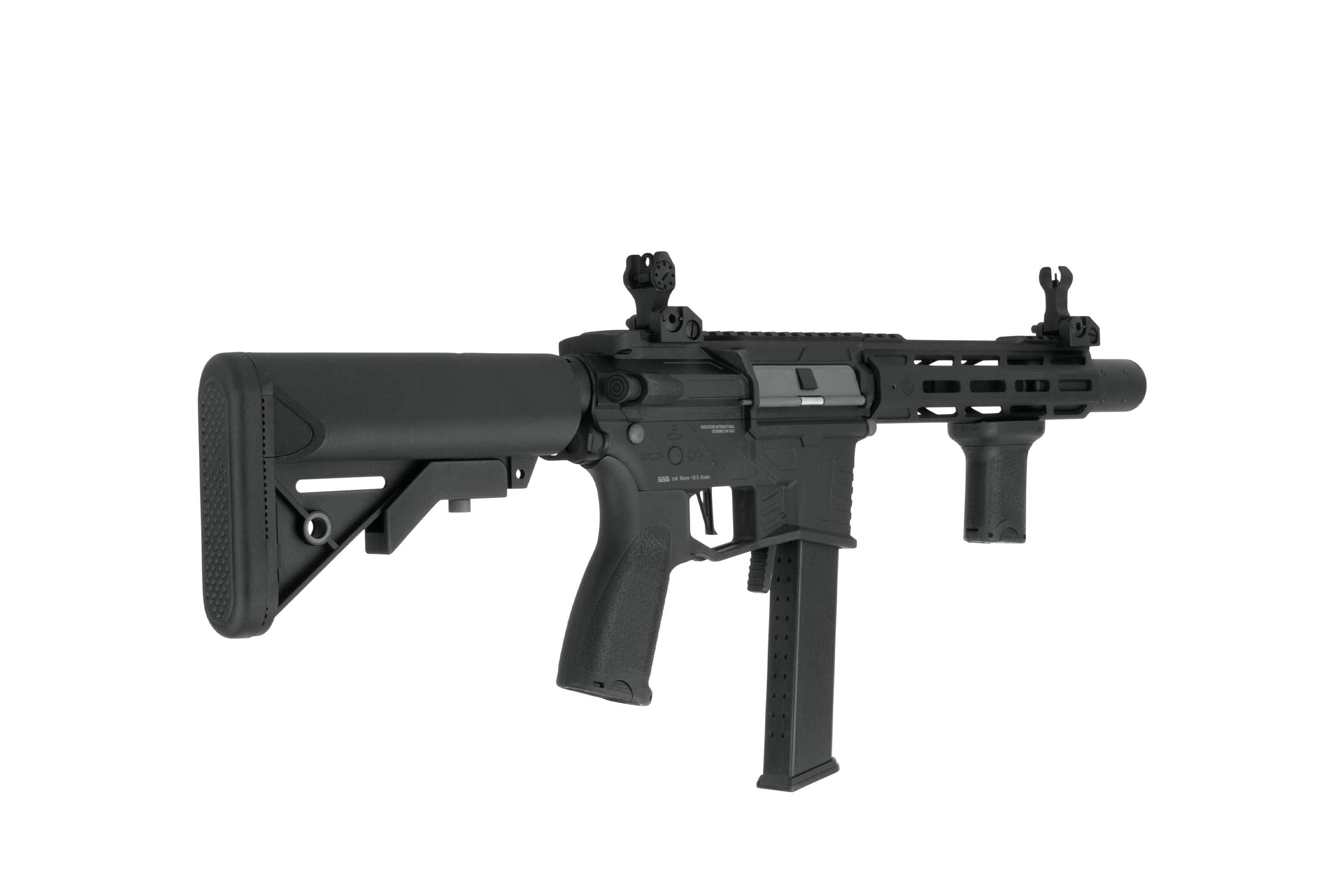 Schwarzes Evolution International-Luftgewehr mit M-LOK-Handschutz, taktischem Griff und eiserner Visierung auf dunklem Hintergrund.