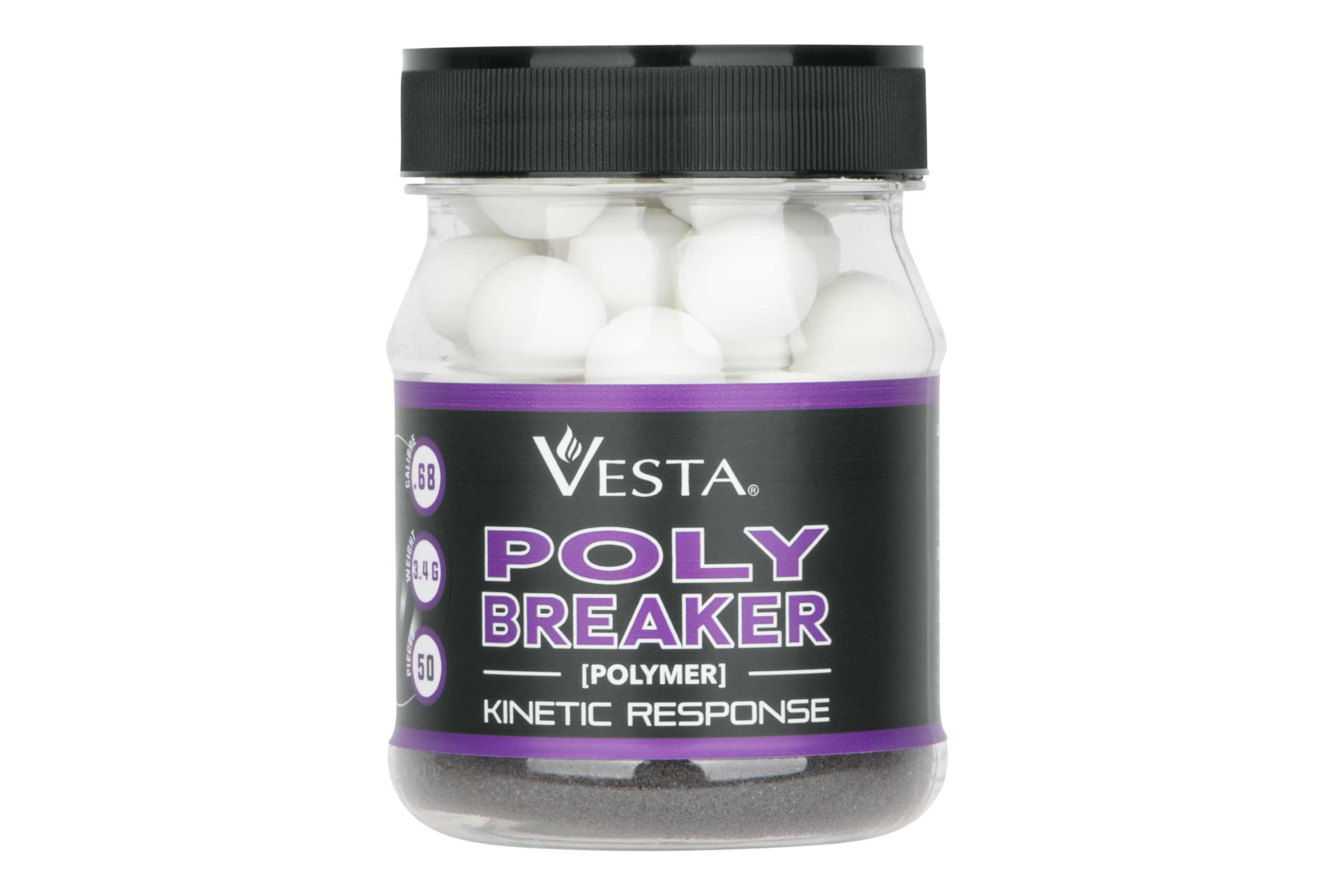 Ein durchsichtiges Plastikgefäß mit kinetischen Polymerbällen vom Kaliber Vesta Poly Breaker .68 mit schwarzem Schraubdeckel.