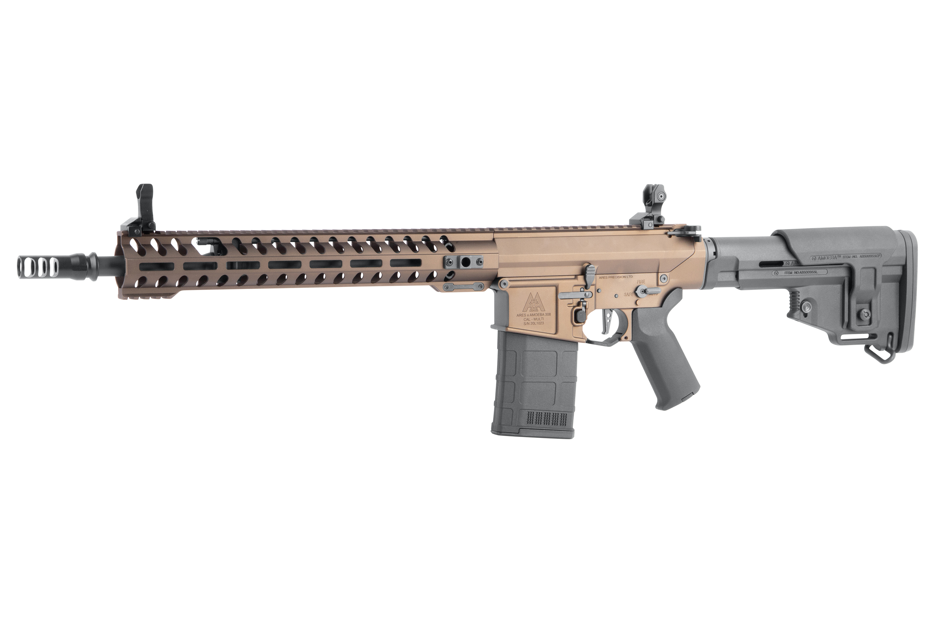 Ares Amoeba 308 Airsoft-Gewehr in Bronze und Schwarz mit modularem Handschutz, verstellbarem Schaft und taktischem Design.