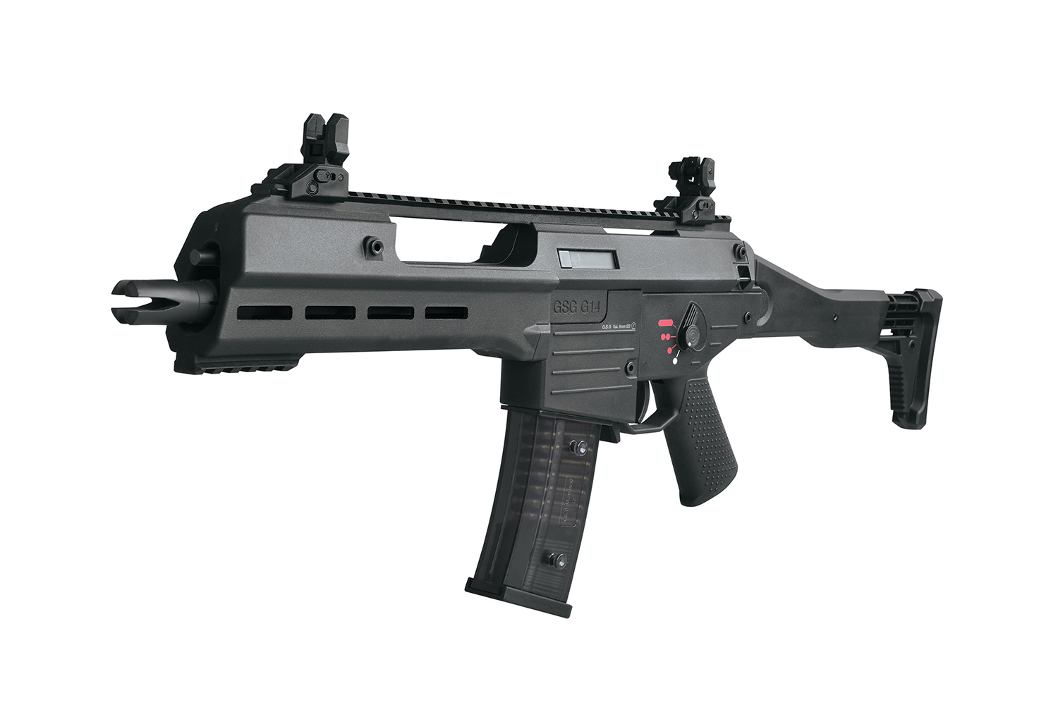 GSG G14 Airsoft-Gewehr in Schwarz mit einem taktischen Polymergehäuse, verstellbaren Visieren und einem transparenten Magazin.