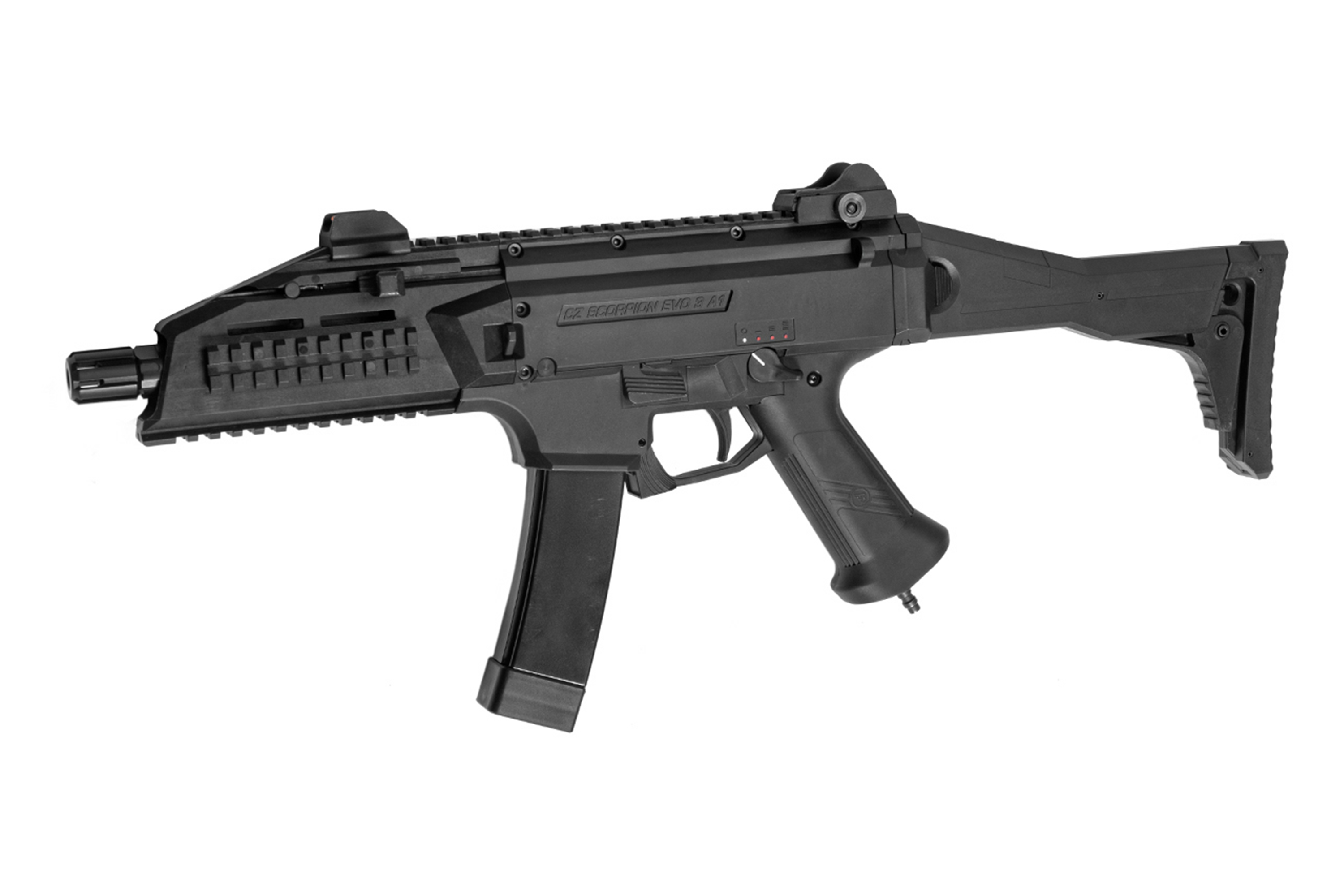 Schwarze CZ Scorpion EVO 3 A1 Airsoft-Maschinenpistole mit Klappschaft, taktischen Schienen und Magazin auf weißem Hintergrund.