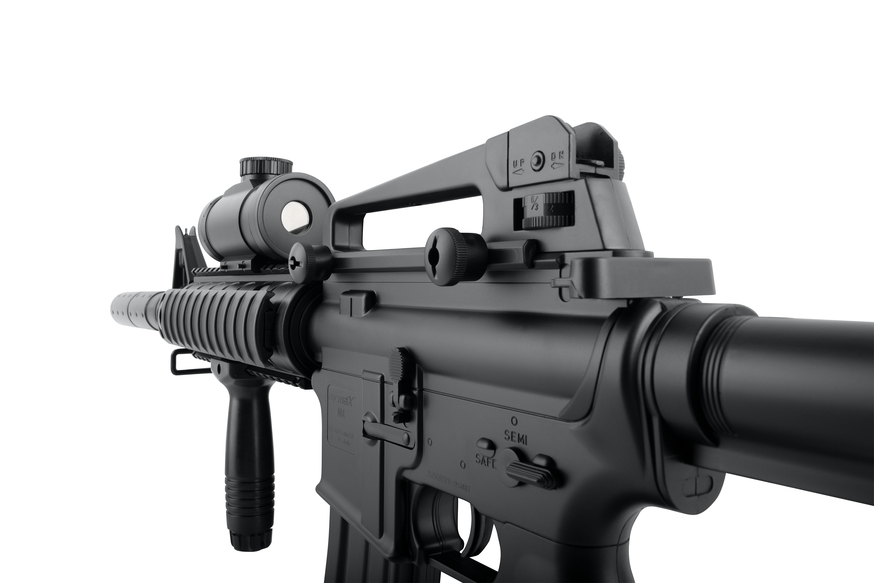 Schwarzes M4-Luftgewehr mit Tragegriff, integriertem Leuchtpunktvisier, vertikalem Vordergriff und halbautomatischem Modus.