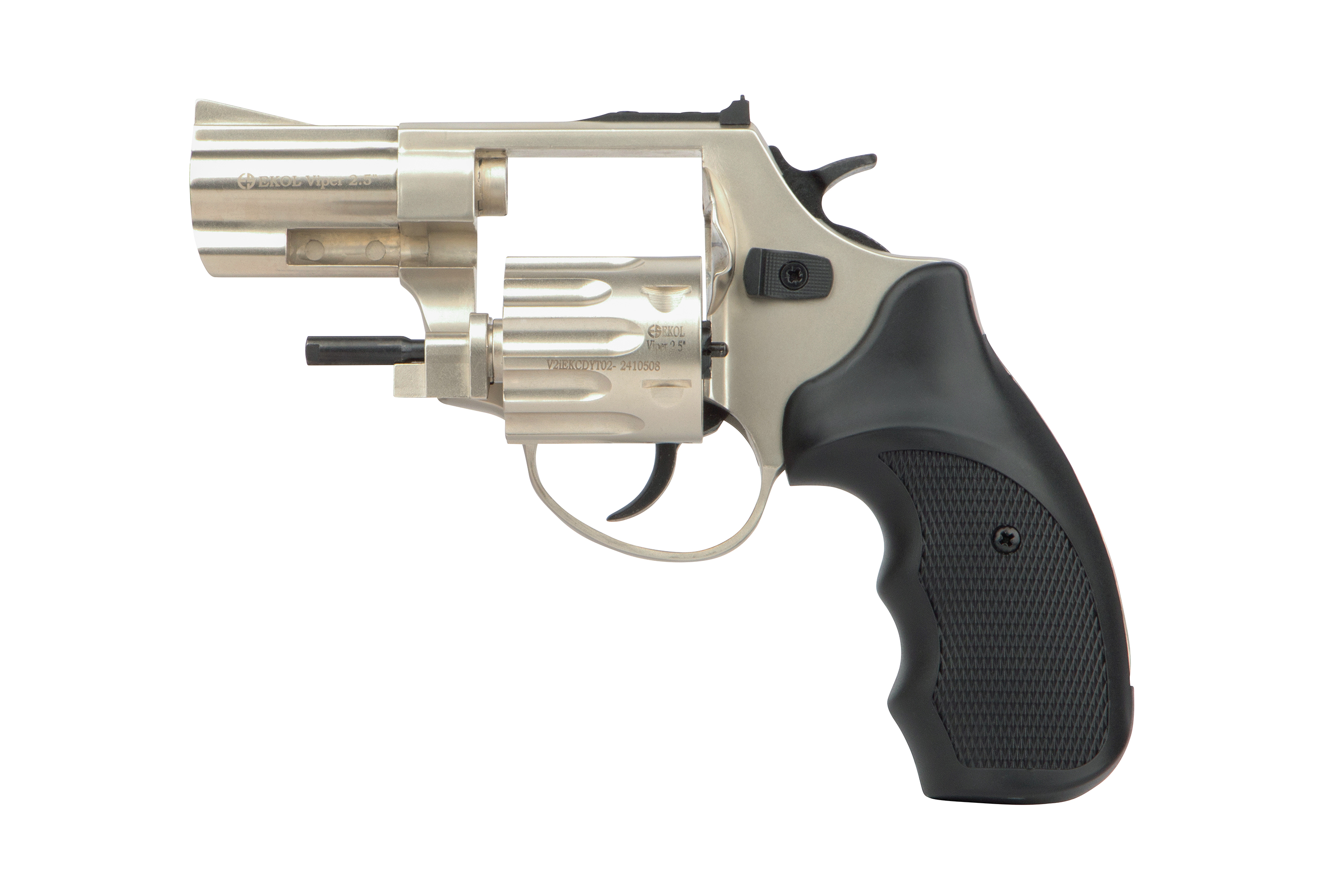 Silberner Ekol Viper 2,5-Zoll-Revolver mit leerem Schuss und schwarzem strukturiertem Griff, isoliert auf einem schlichten weißen Hintergrund.