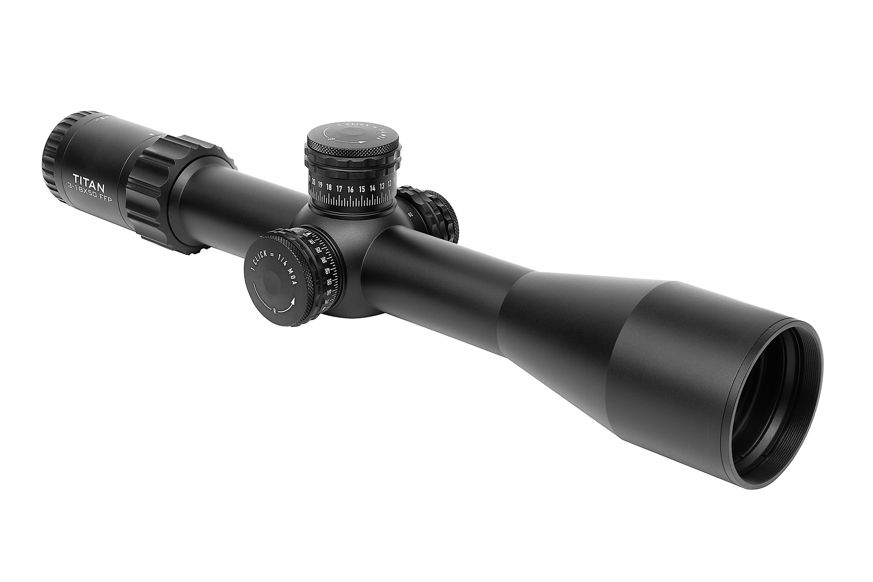 Titan 3-18x50 FFP-Zielfernrohr mit verstellbaren Türmen und einem eleganten schwarzen Finish für präzises Schießen.