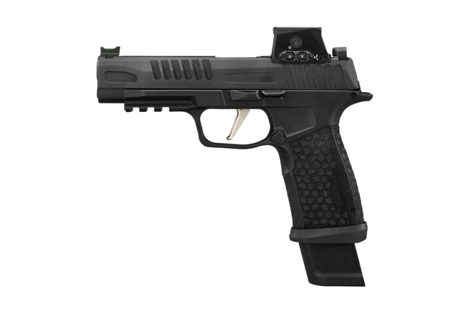 SIG Sauer P320 Luftpistole mit schwarzem Polymerrahmen und Leuchtpunktvisier, ideal für das Scheibenschießen.