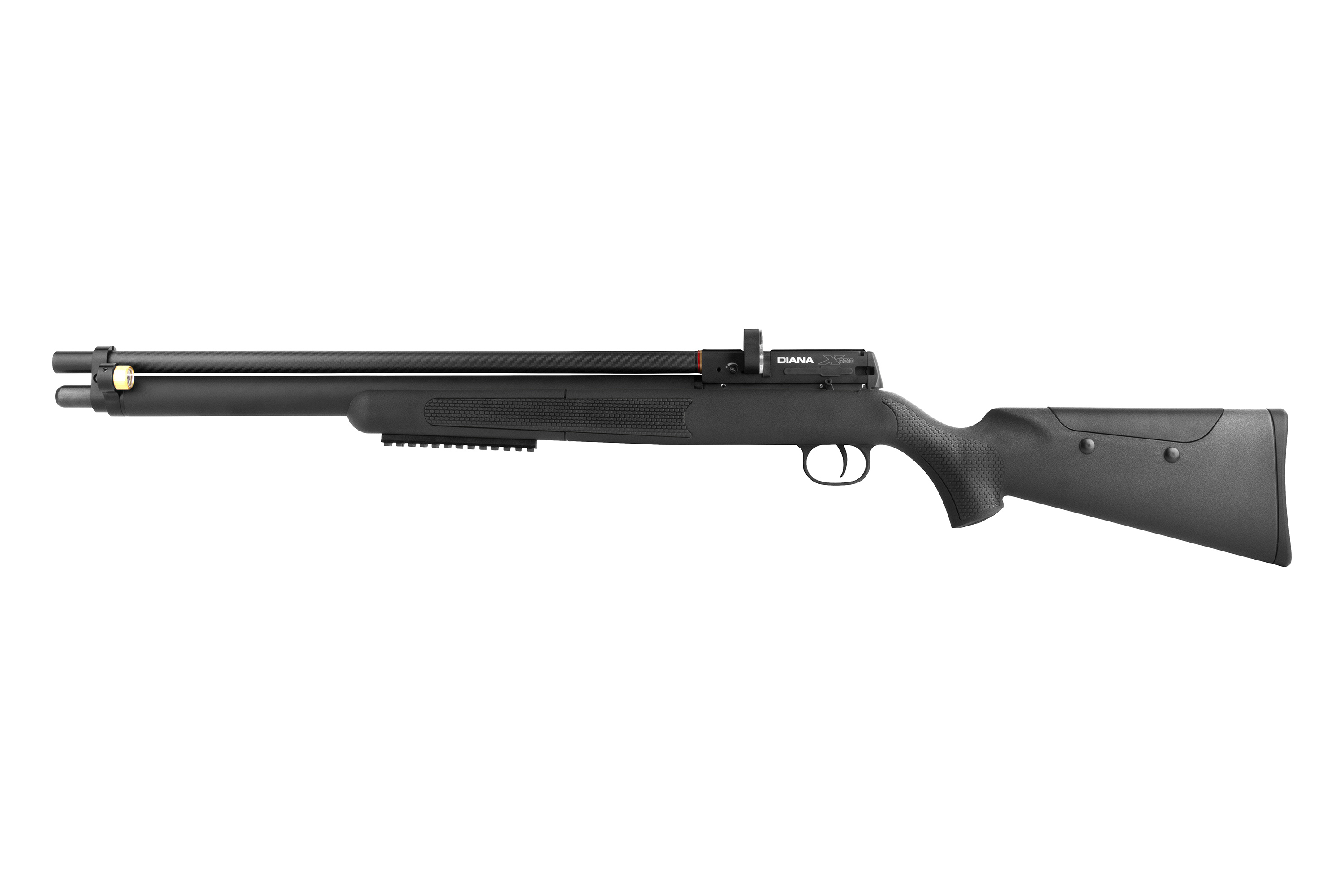 Diana Stormrider PCP-Luftgewehr in Schwarz mit Laufverkleidung aus Kohlefaser und Kunststoffschaft für das Zielschießen.