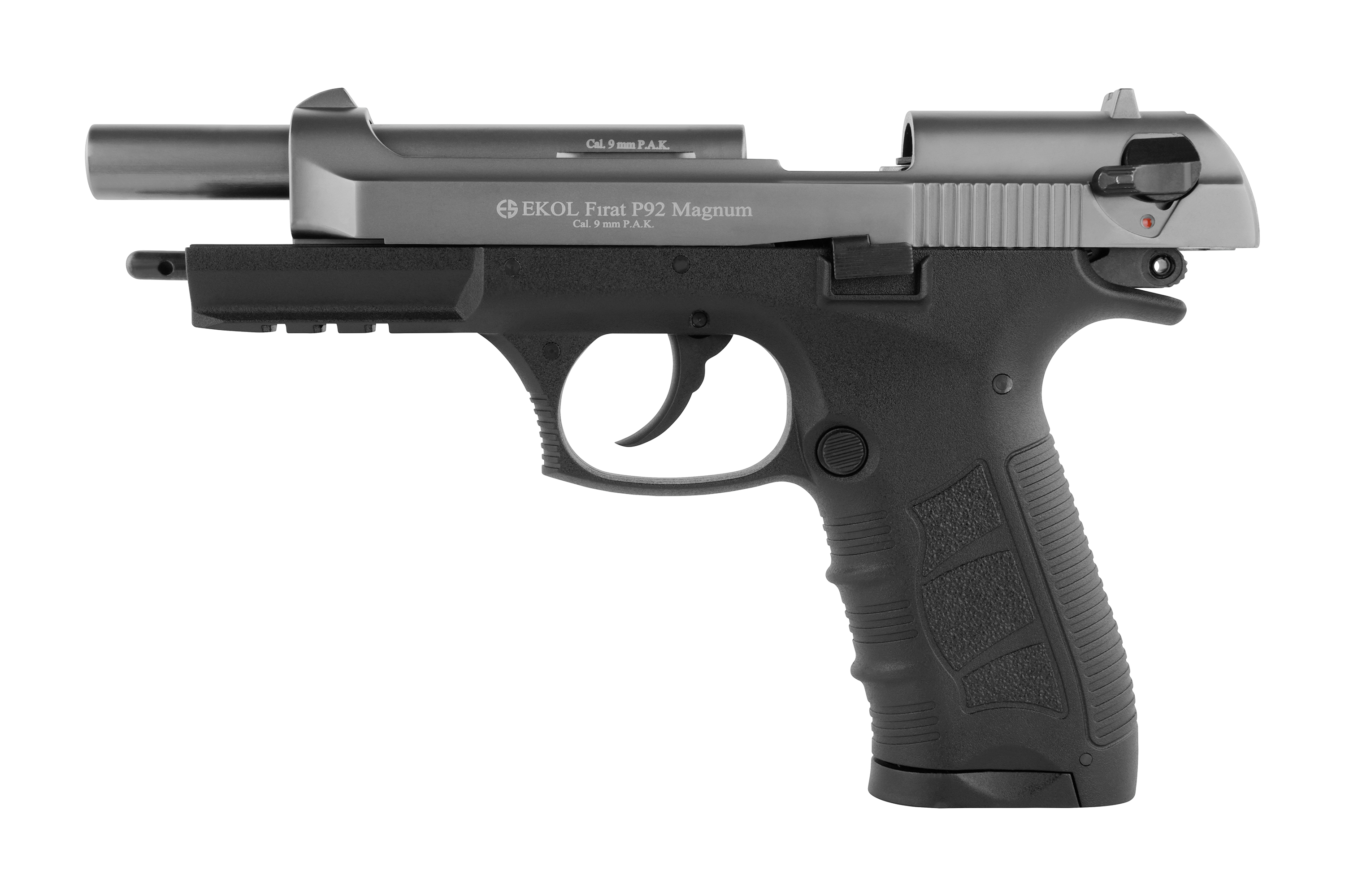 EKOL Firat P92 Magnum Luftpistole in Schwarz und Silber mit strukturiertem Griff und taktischem Design.
