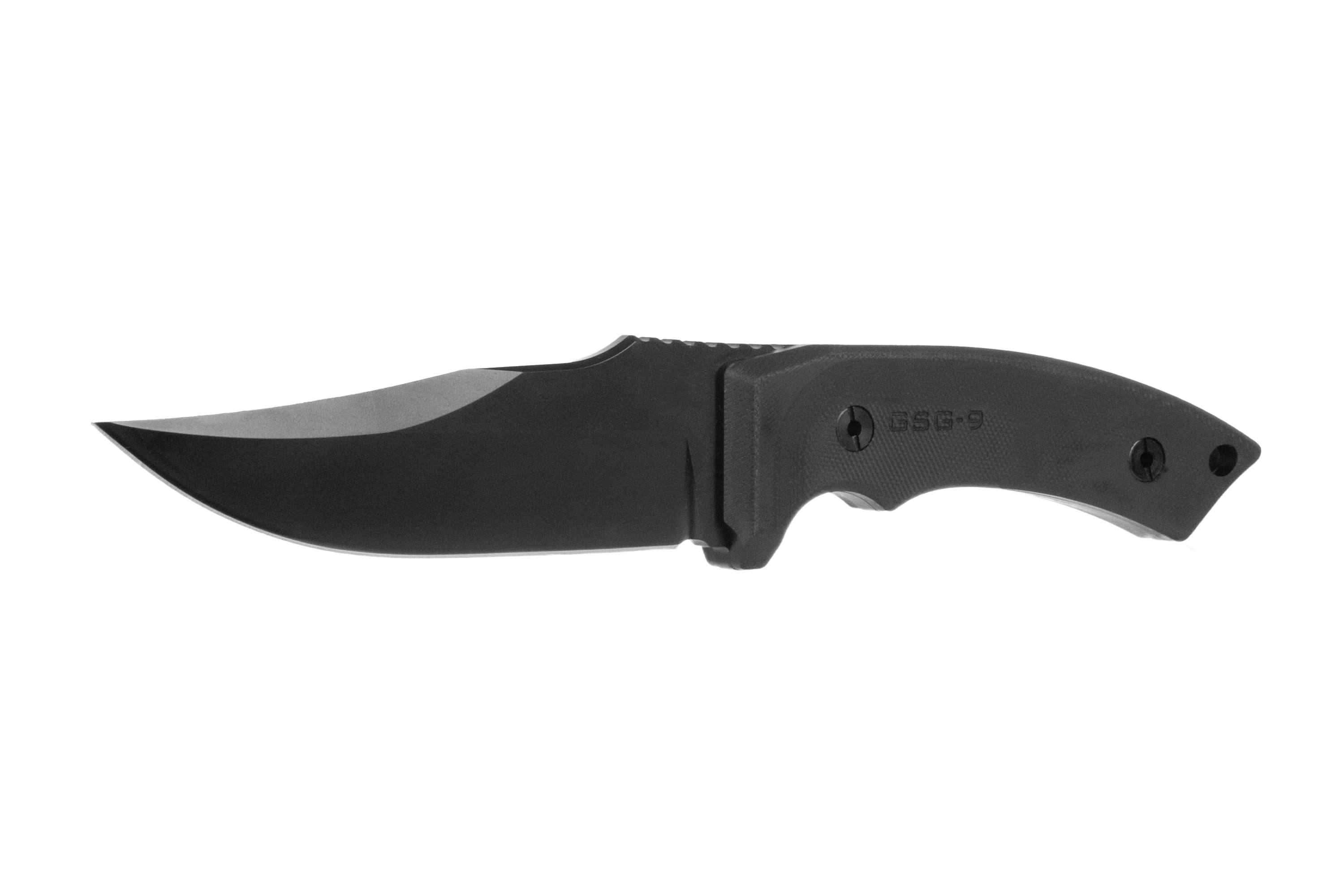Schwarzes taktisches GSG-9-Messer mit feststehender Klinge, strukturiertem Polymergriff und scharfer Drop-Point-Klinge aus beschichtetem Stahl.
