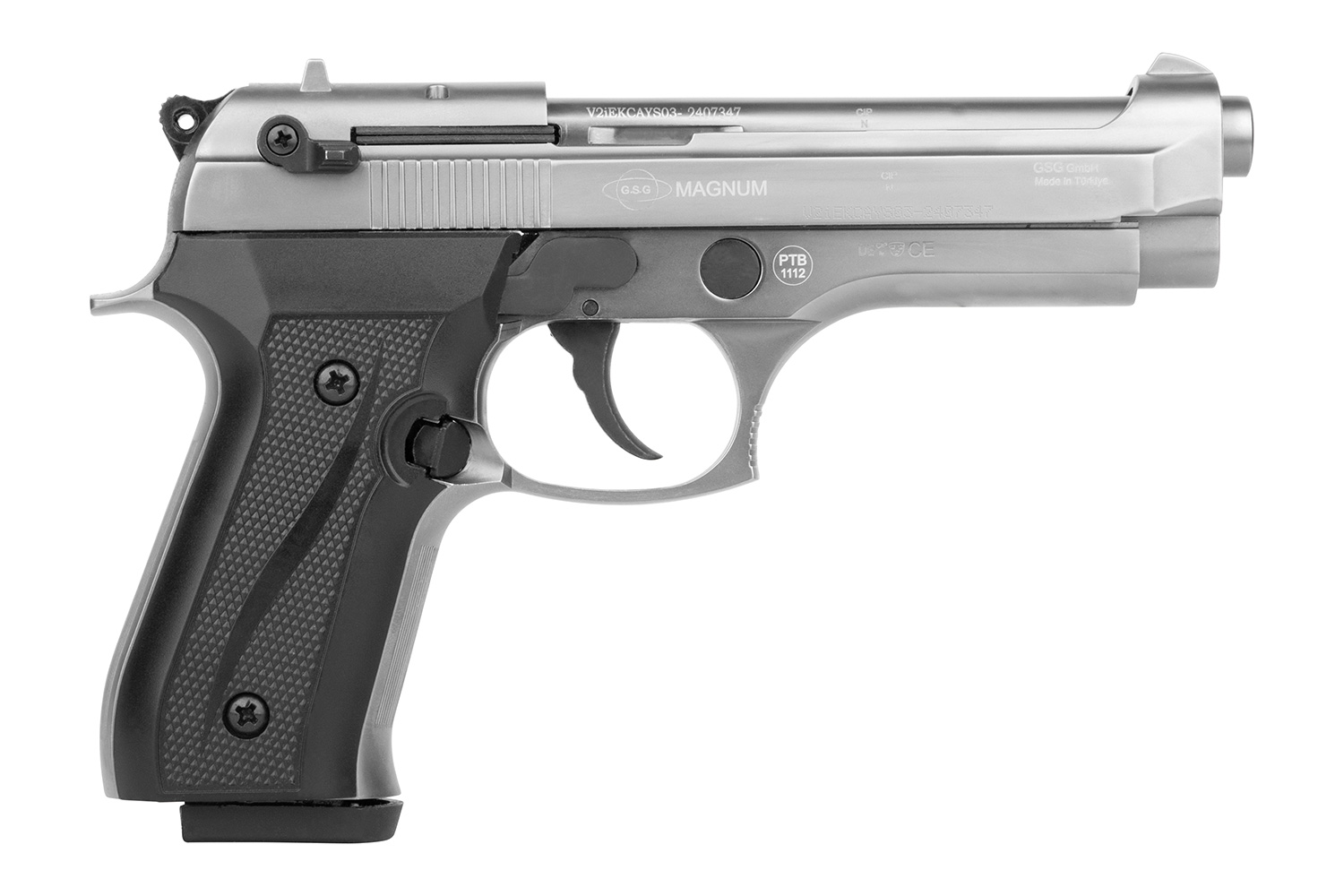 GSG Magnum-Luftpistole mit silberner Metalloberfläche und schwarzem, strukturiertem Griff für verbesserte Handhabung.