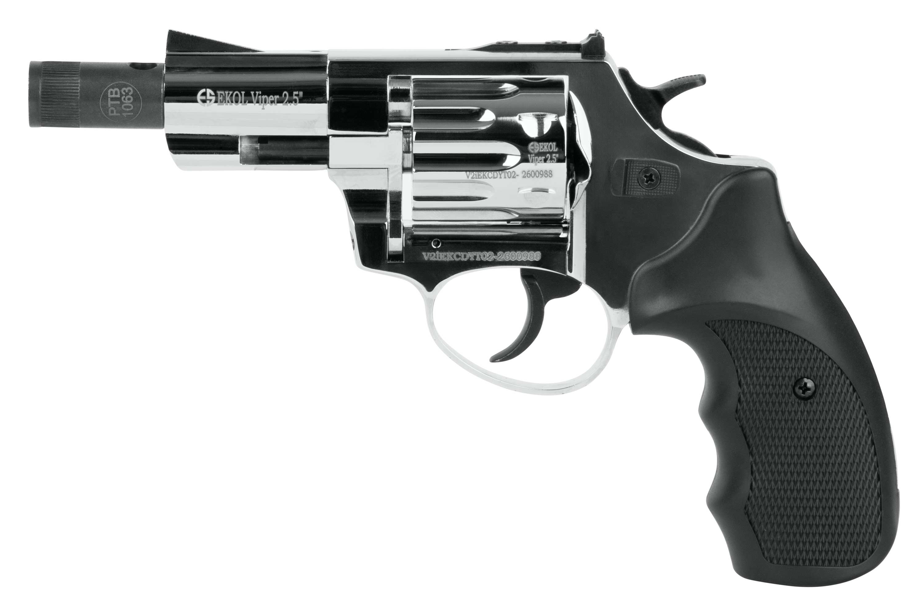 Verchromter EKOL Viper 2,5-Zoll-Revolver mit leerem Schuss und schwarzem strukturiertem Griff, isoliert auf einem schlichten weißen Hintergrund.