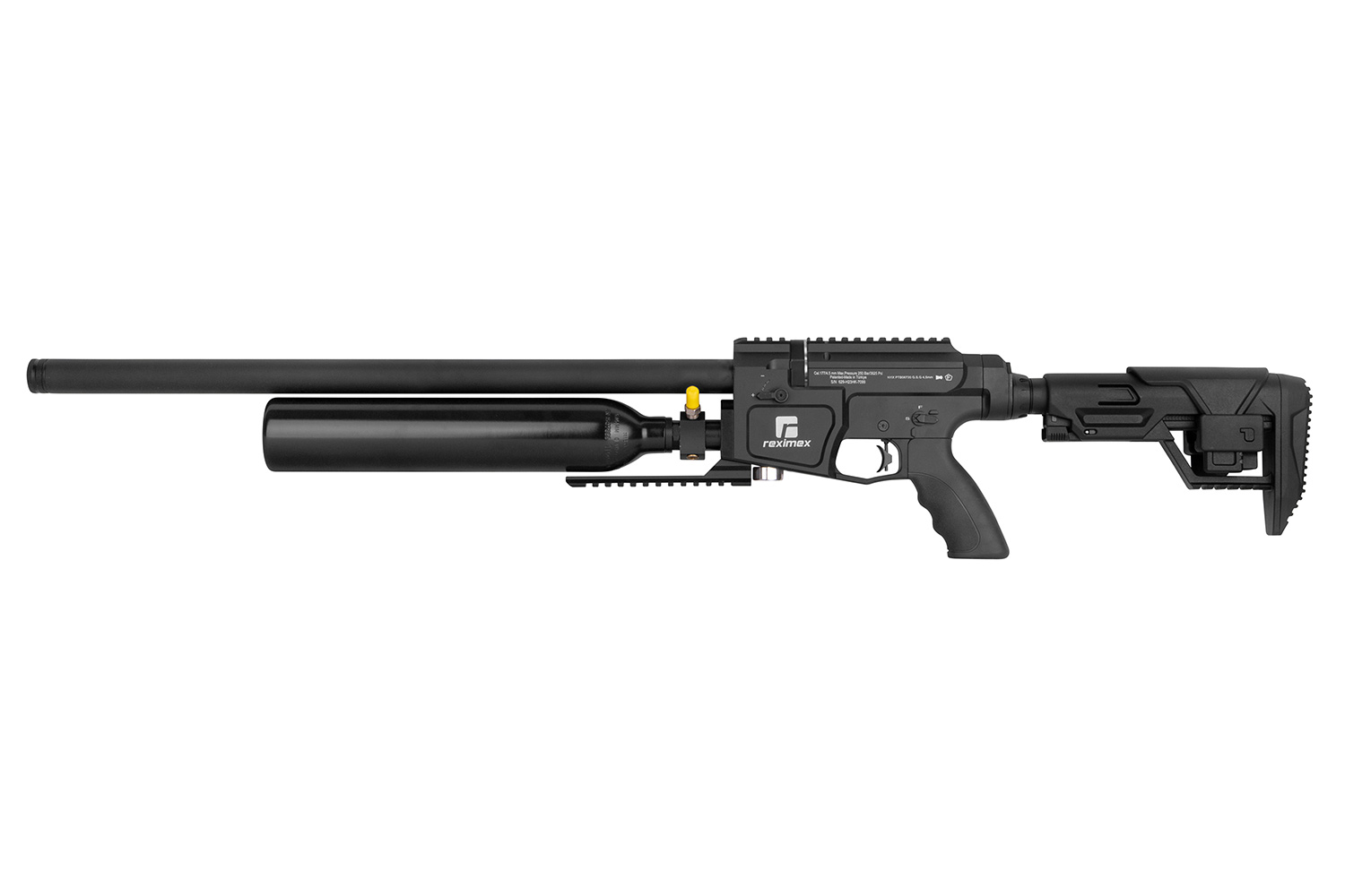 Reximex-Luftgewehr mit schwarzem Finish, verstellbarem Schaft und integriertem Luftzylinder für präzises Schießen.