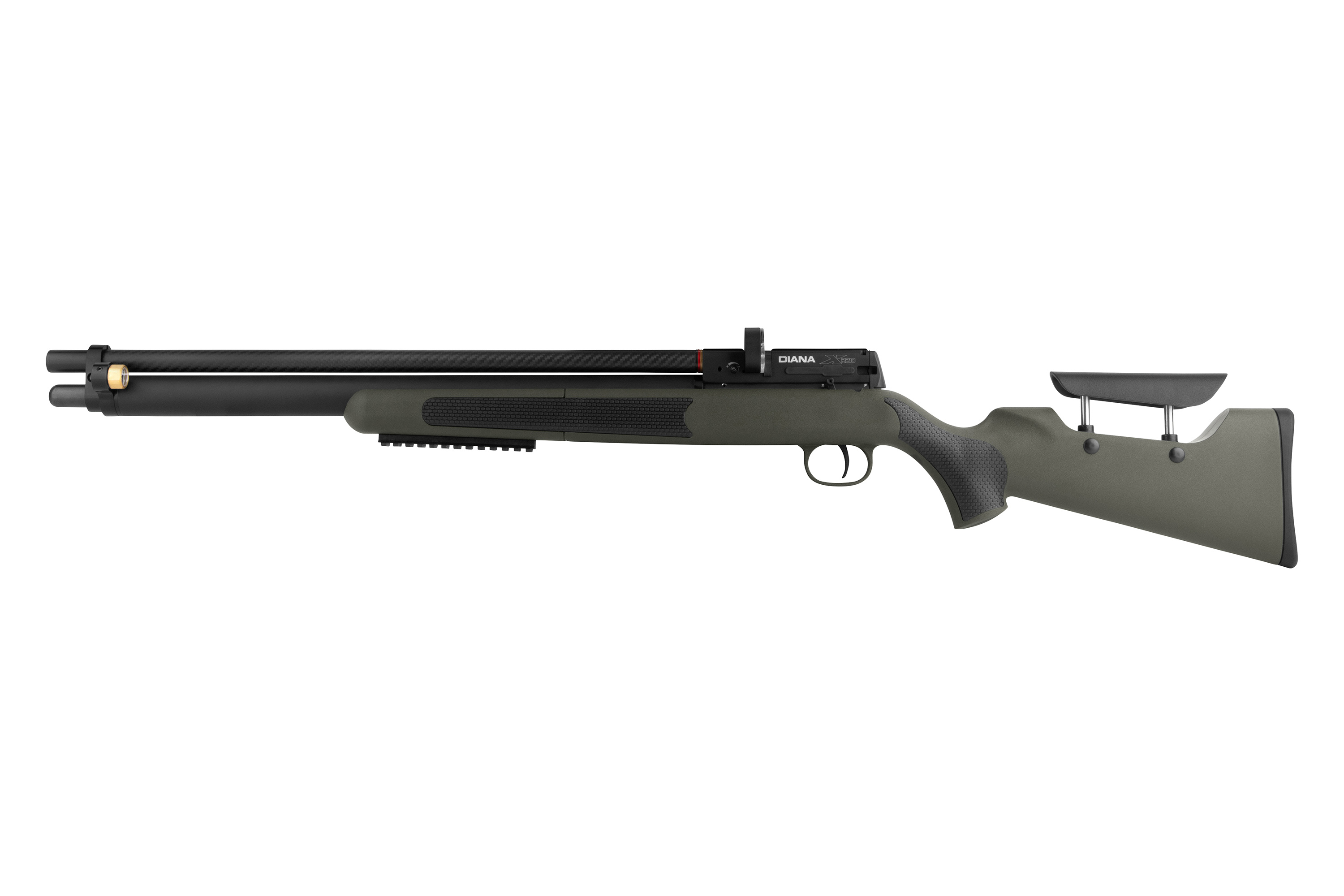 Diana Stormrider PCP-Luftgewehr in Olivgrün mit schwarzem Carbon-Lauf und verstellbarer Backe am Schaft.