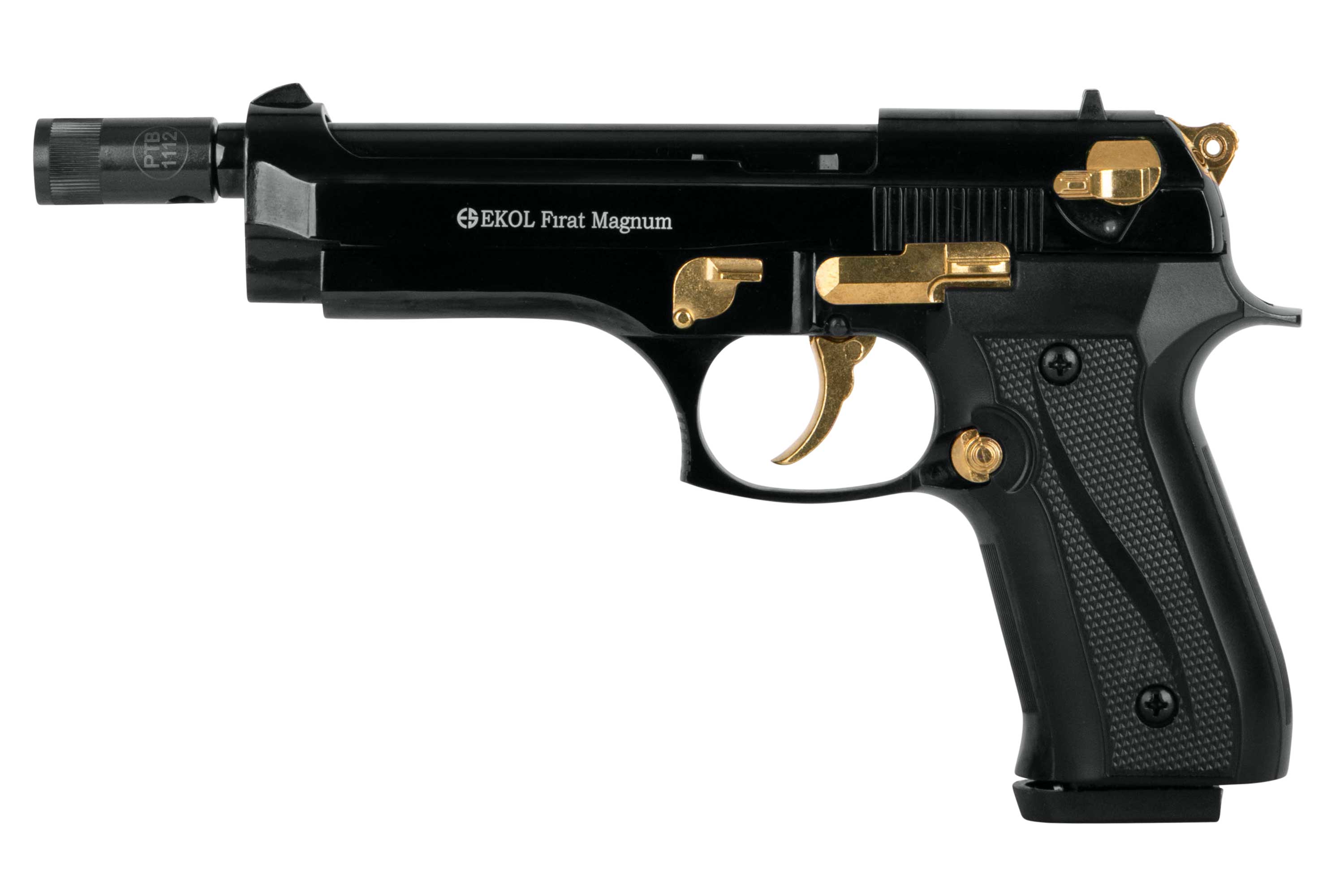 EKOL Firat Magnum Luftpistole mit schwarzem Finish und goldenen Akzenten für verbesserte Leistung.