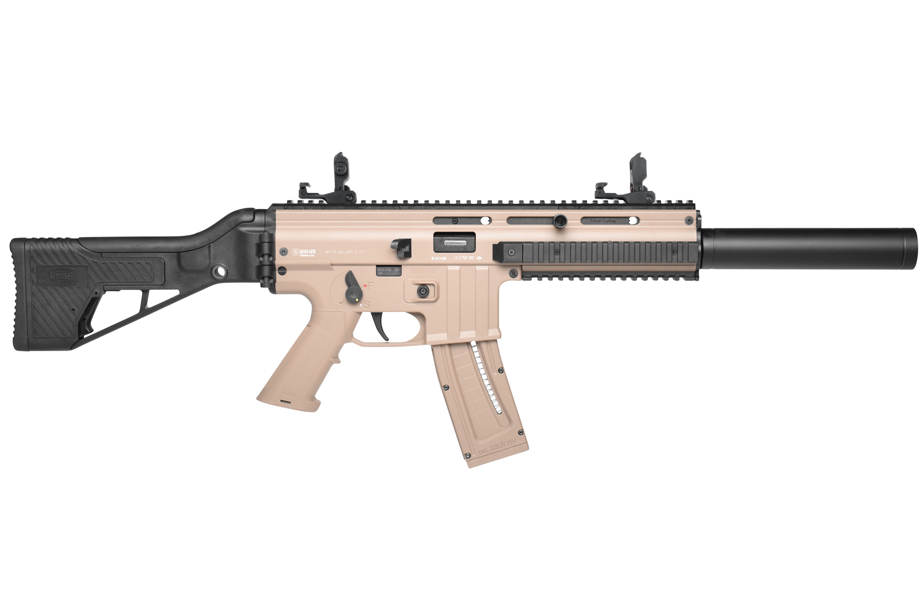 Hellbraunes Luftgewehr mit verstellbarem Schaft, taktischer Schiene und Schalldämpfer für verbesserte Schussleistung.