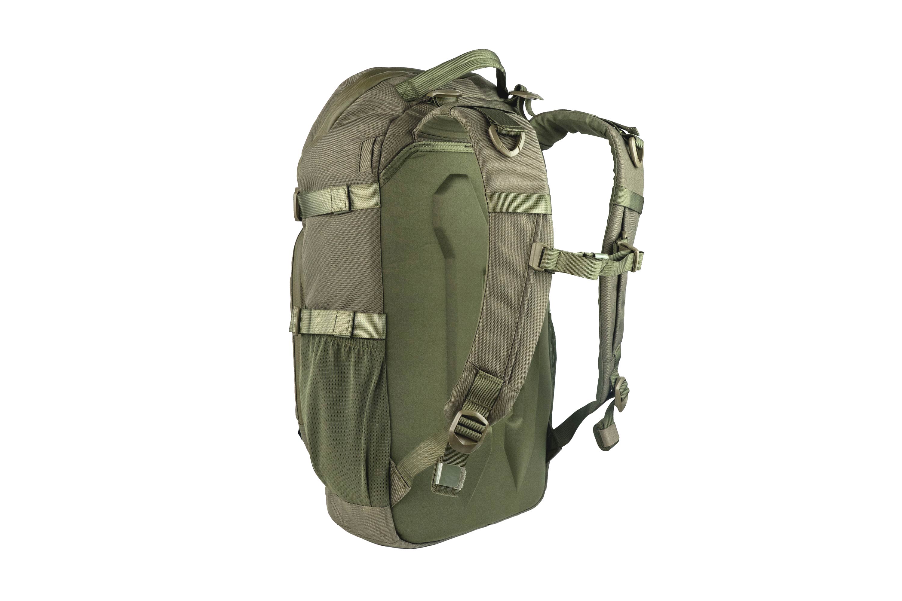 Olivgrüner taktischer Rucksack, von hinten gesehen, mit gepolsterten Schultergurten und einem geformten ergonomischen Rückenteil.