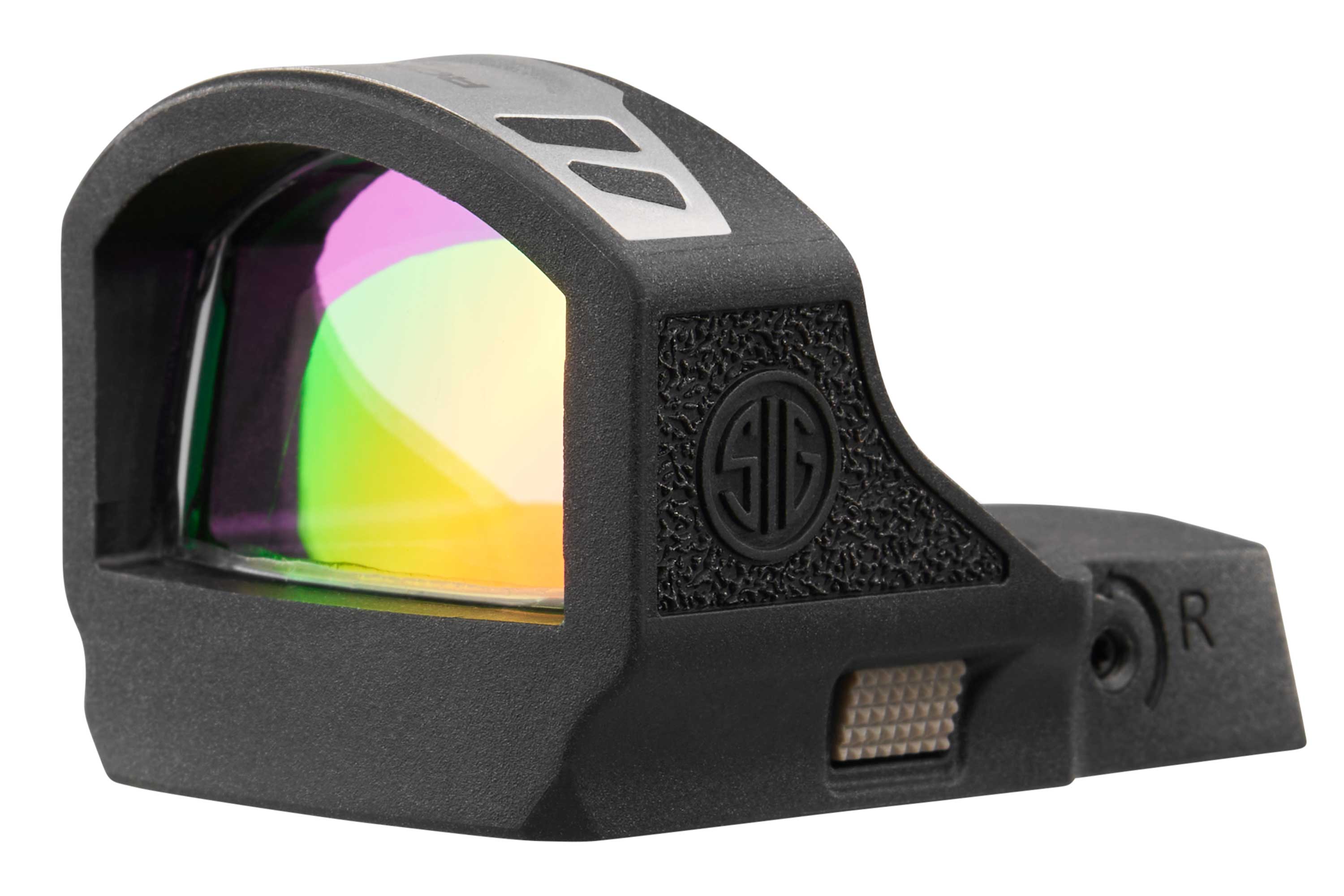 Schwarzes Sig Sauer Romeo Zero-Reflexvisier mit lebendiger, mehrfach beschichteter Linse, strukturiertem Seitengriff und Logo.