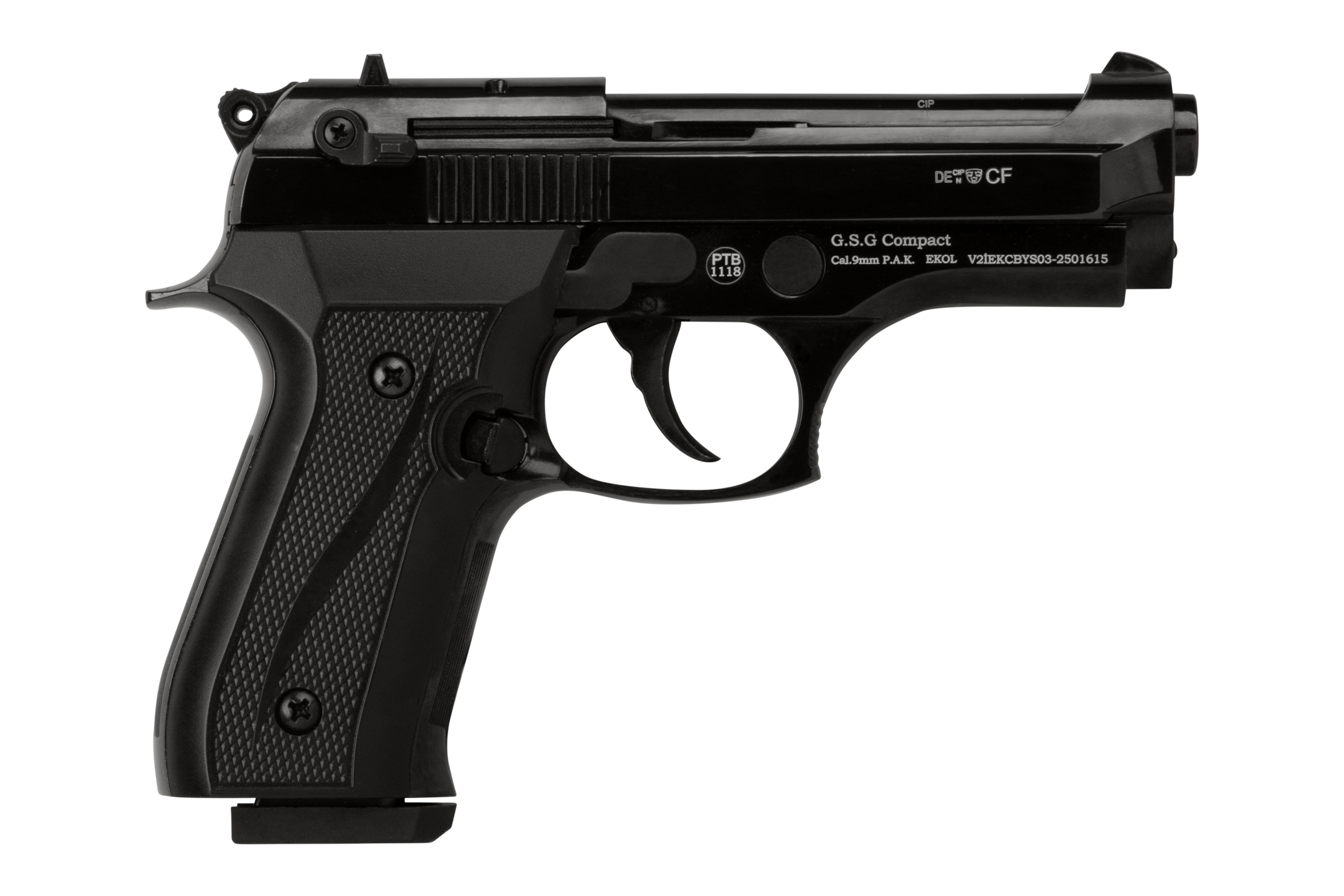 G.S.G Kompakte Luftpistole in Schwarz mit strukturiertem Griff und Abzug, ideal für Schusswaffenliebhaber.
