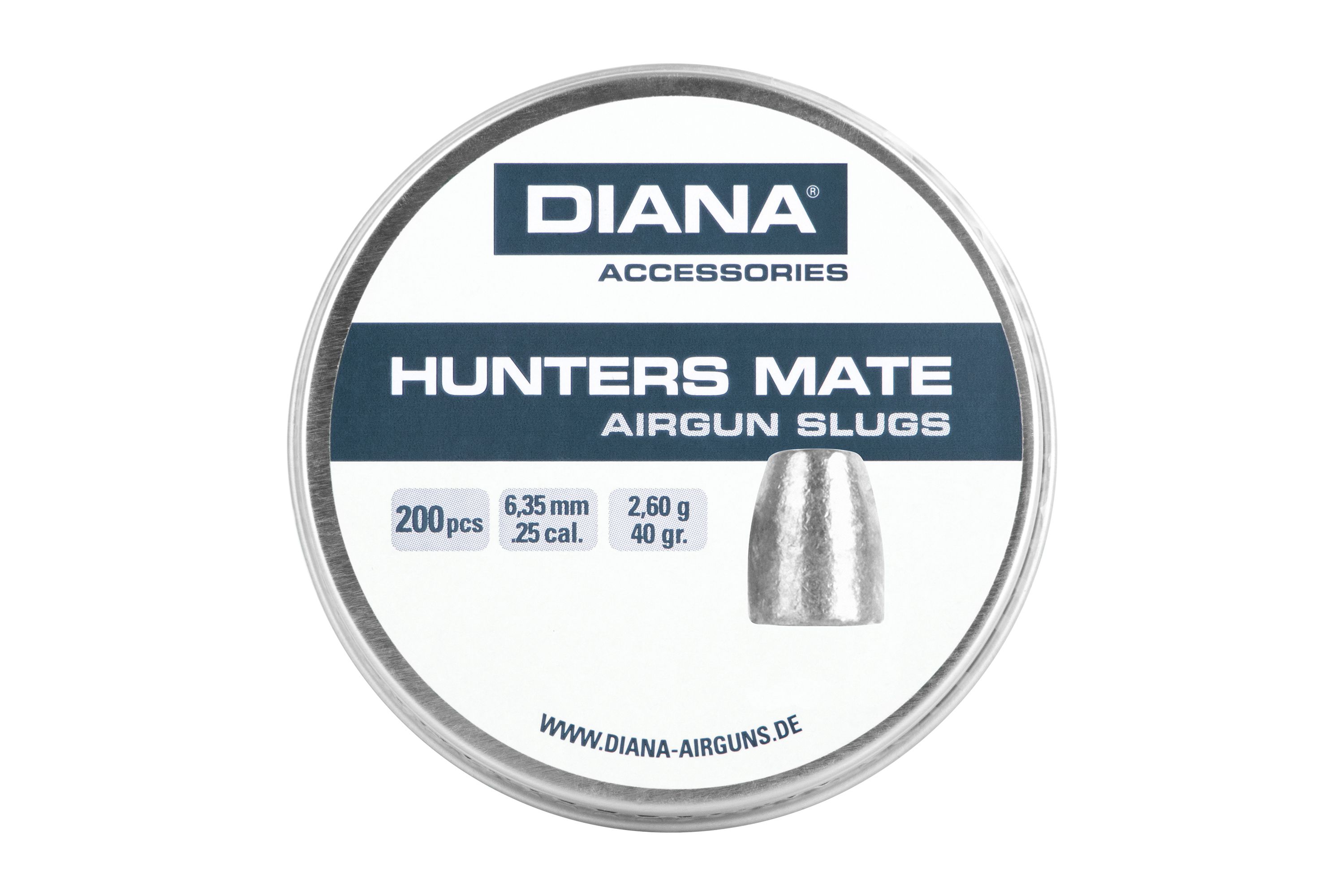 Diana Hunters Mate-Luftgewehrgeschosse im Kaliber 6,35 mm .25, 2,60 g, 40 g, 200 Stück in einem runden Aufbewahrungsbehälter aus Metall.