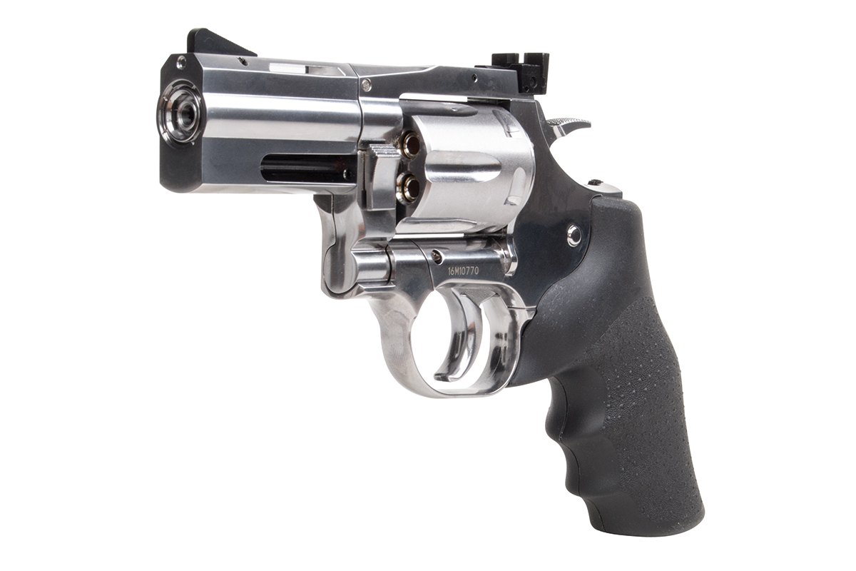 Silberne Luftpistole mit schwarzem Griff, im Revolver-Design und sichtbarem Zylinder, ideal für Enthusiasten.