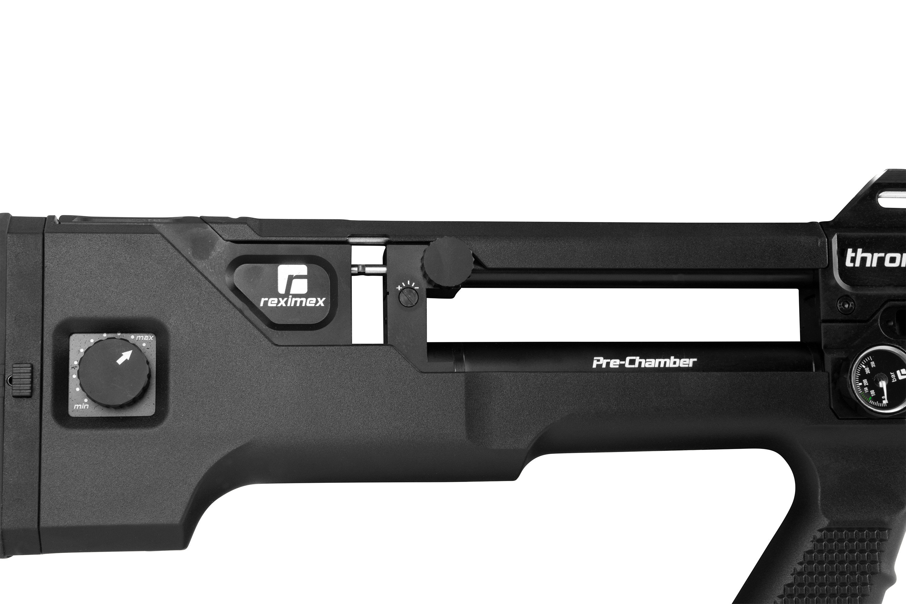 Reximex-Luftgewehr-Vorkammer mit einstellbarer Druckregelung und ergonomischem Griffdesign.
