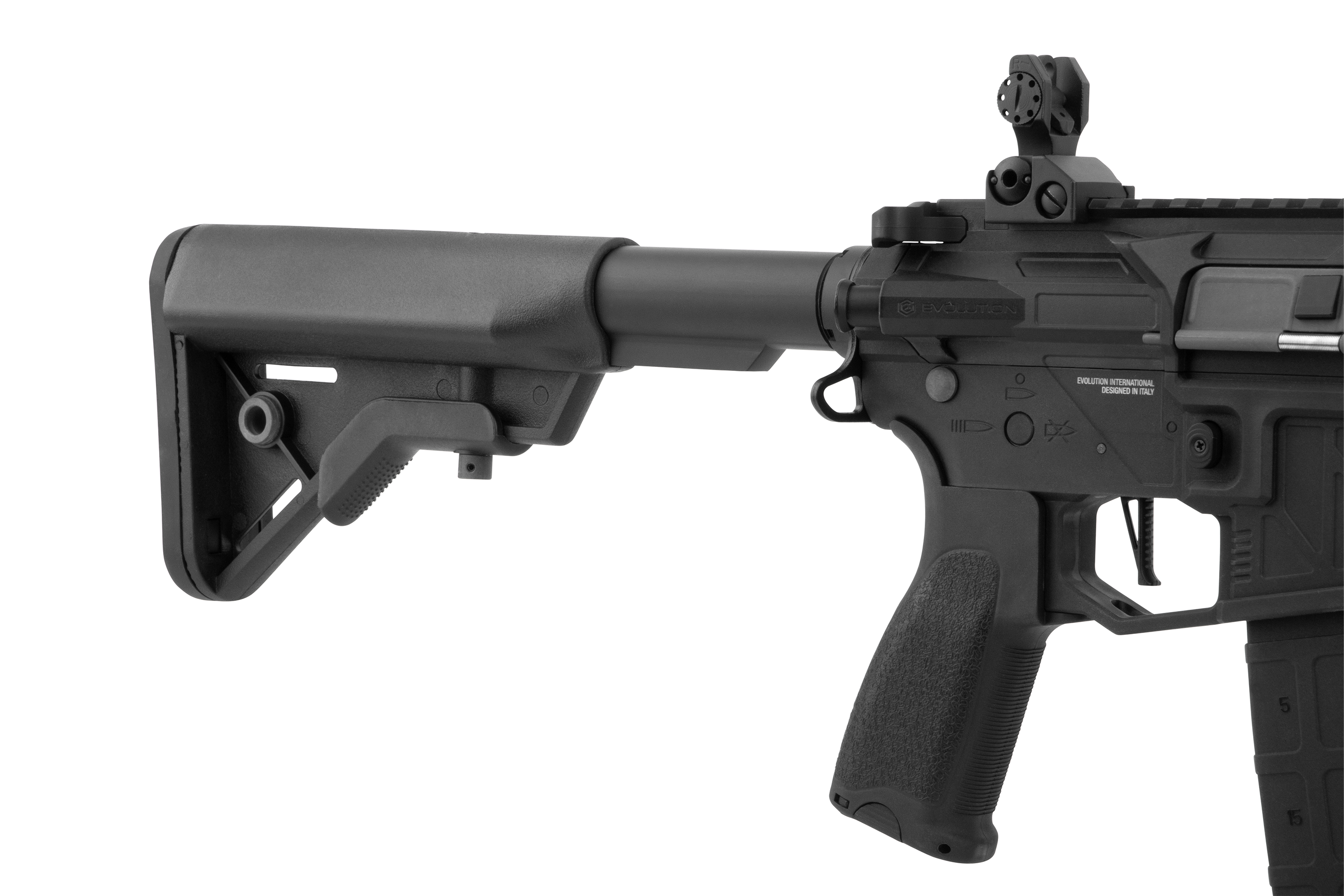 Black Evolution International Airsoft-Gewehrschaft und Pistolengriffdetails mit verstellbarem taktischem Design.