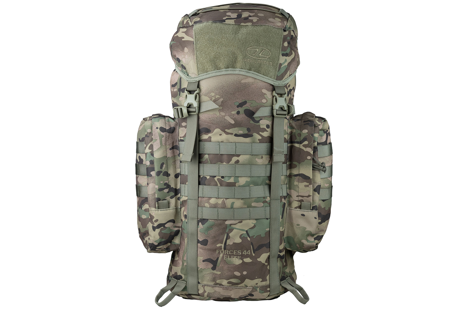 Highlander Forces 44 Elite taktischer Rucksack im Tarnmuster mit MOLLE-Gurtband und verstellbaren Trägern in Weiß.
