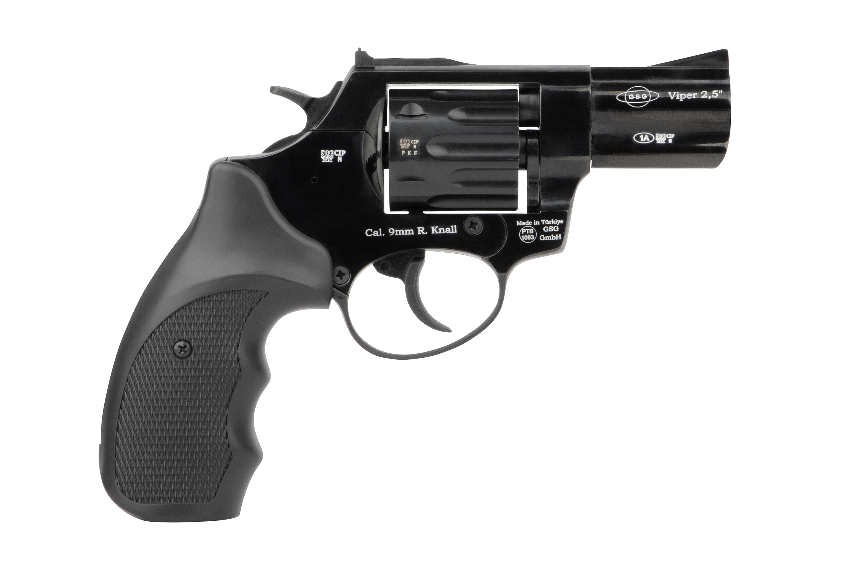GSG Viper 2,5-Zoll-Schreckschussrevolver in schwarzer Ausführung mit strukturiertem Griff, Patronenlager im Kaliber 9 mm R. Knall.