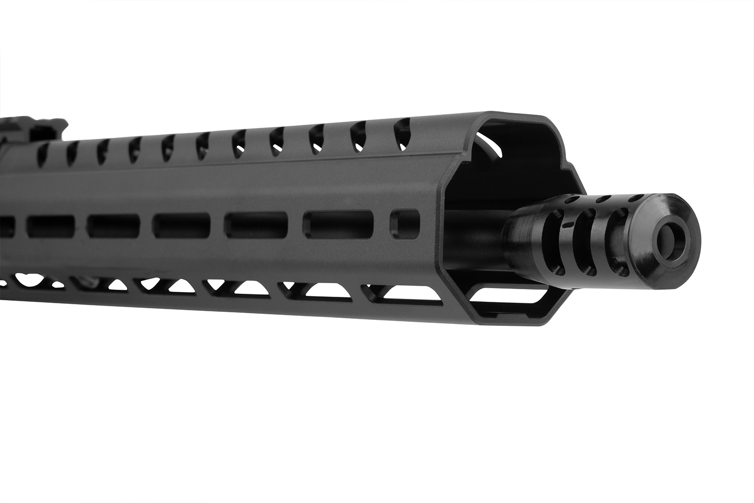Schwarzer M-LOK-Handschutz aus Aluminium mit taktischer Mündungsbremse für Luftgewehre, mit schlankem, belüftetem Design.