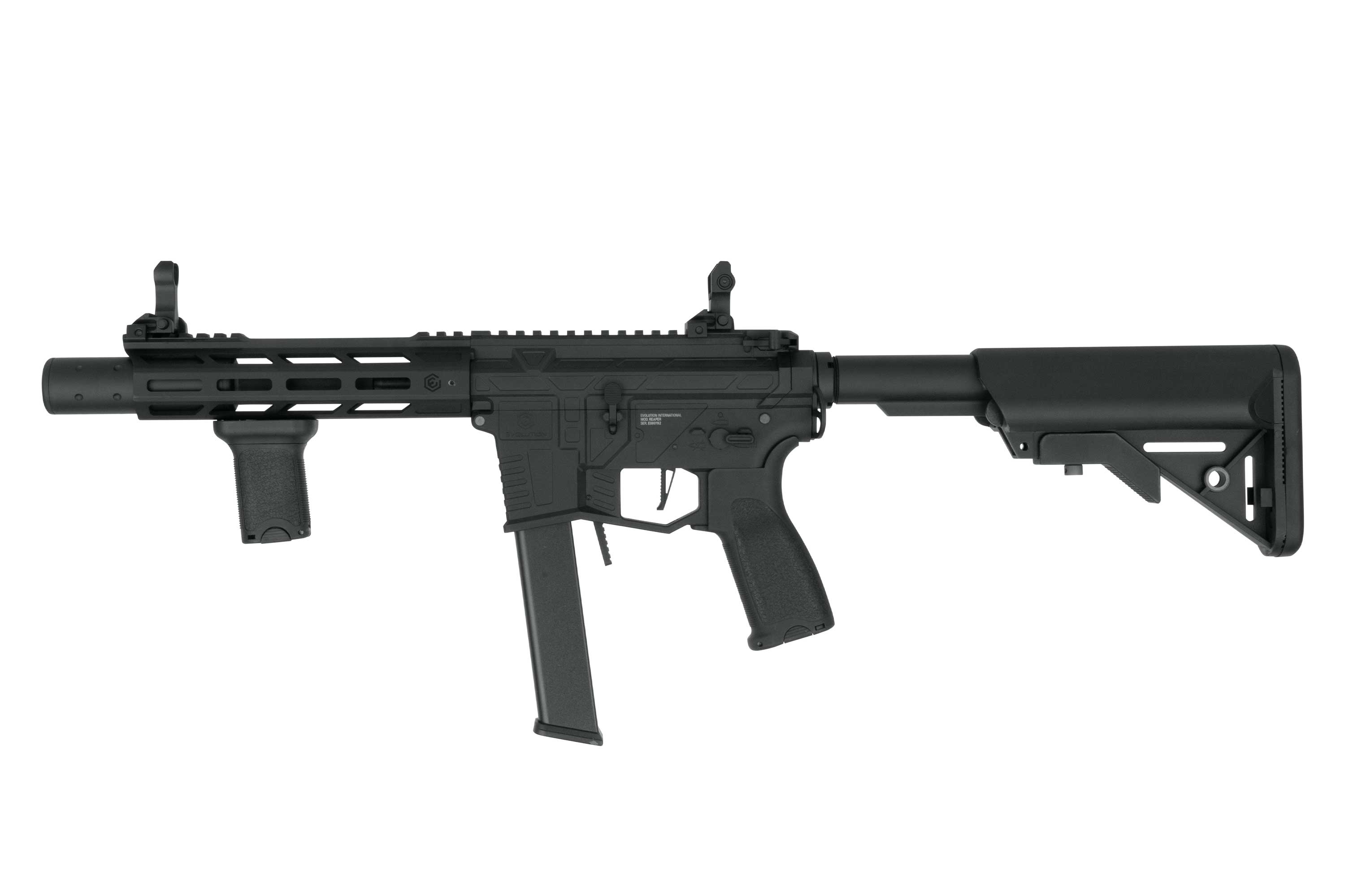 Black Evolution International Mod Reaper Airsoft-Gewehr mit taktischem Handschutz, vertikalem Griff und oberer Schiene.