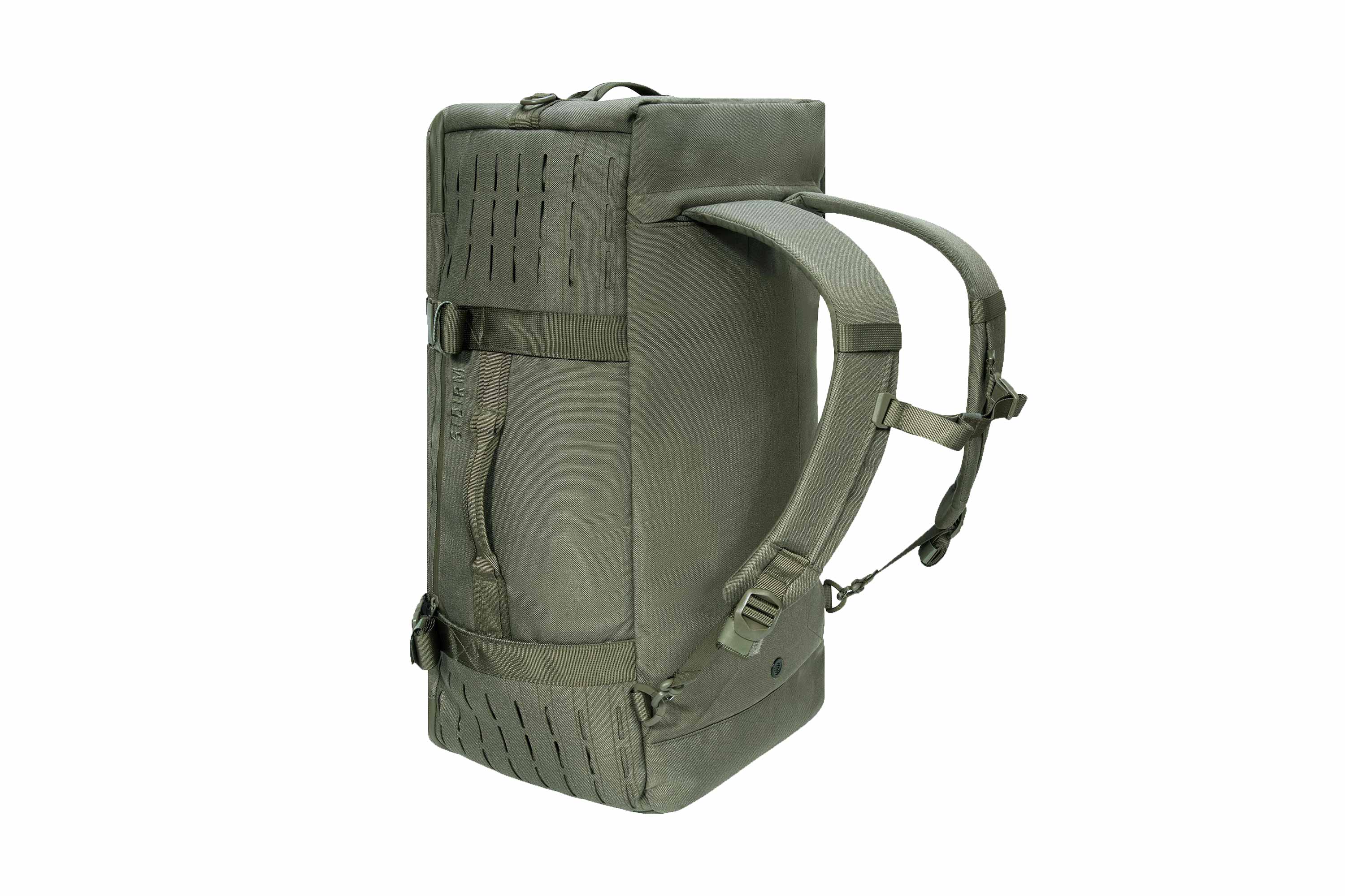 Olivgrüner taktischer Rucksack mit MOLLE-Gurtband, verstellbaren Schultergurten und Tragegriff für Outdoor-Ausrüstung.