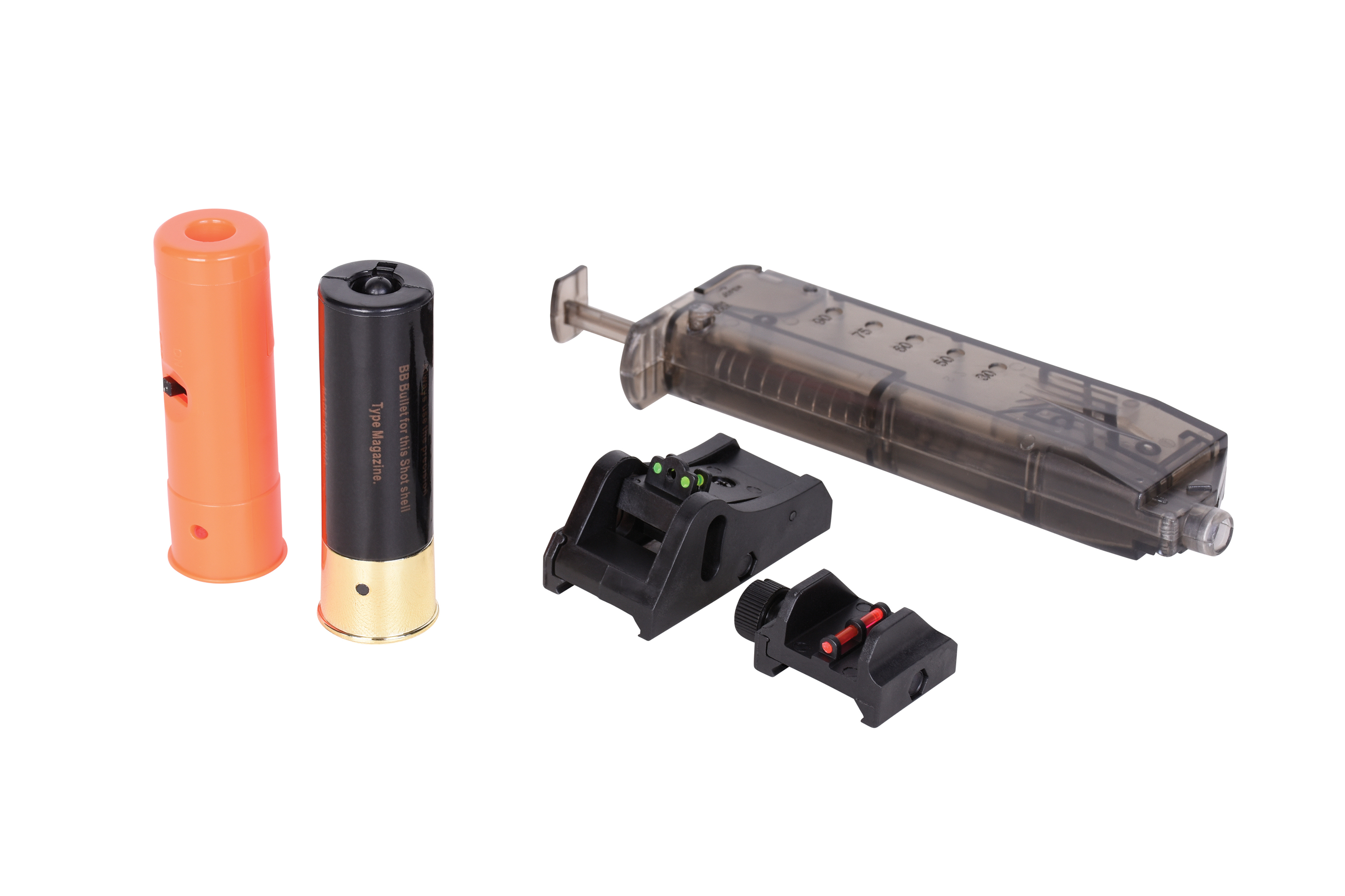 Airsoft-Zubehör, darunter ein transparentes Magazin, Schrotpatronen und verstellbare schwarze Fiberoptik-Visiere aus Eisen.