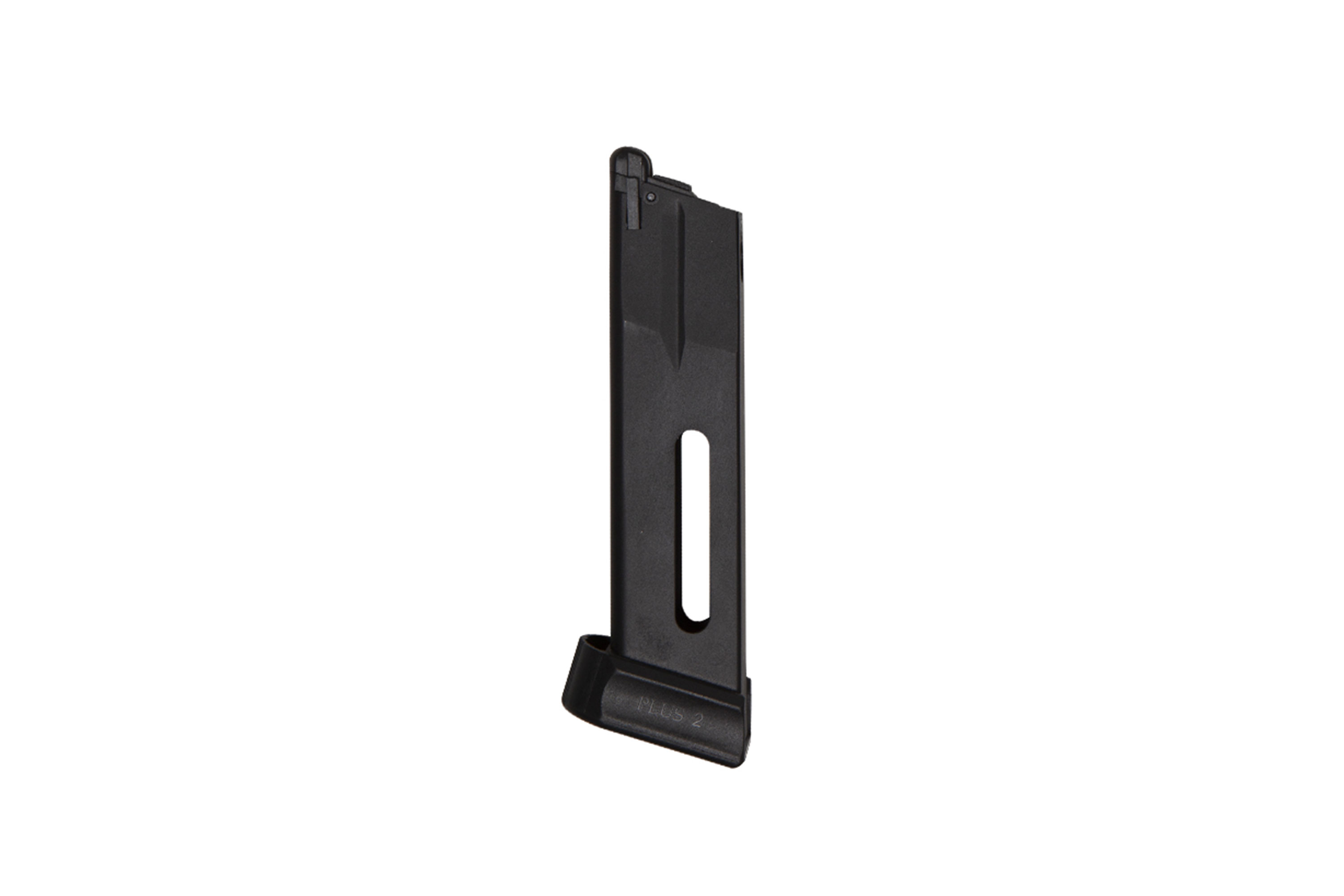 Schwarzes Metallmagazin für eine Luftpistole, mit einer Plus 2-Grundplattenverlängerung, isoliert auf weißem Hintergrund.